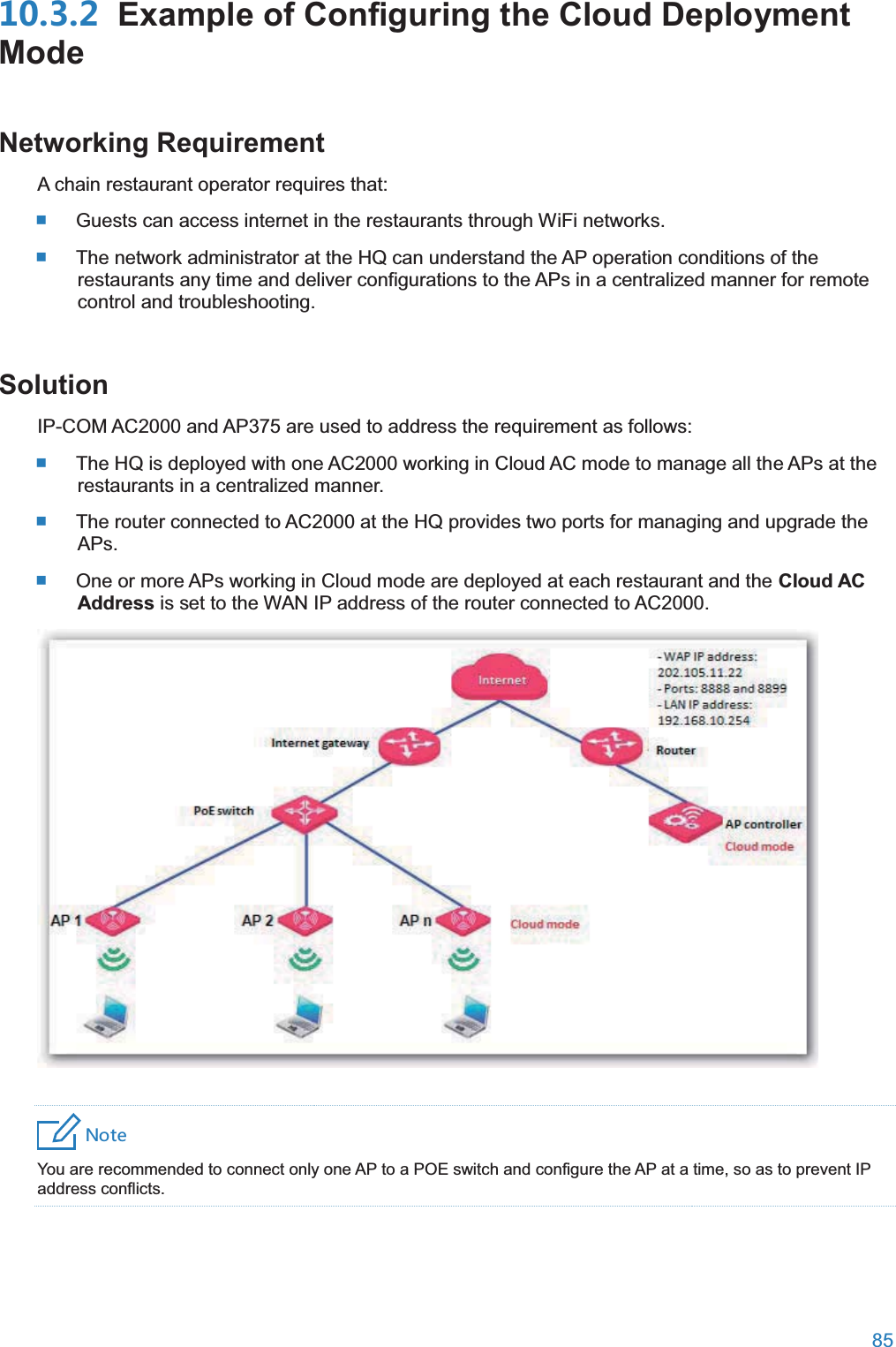  85   Example of Configuring the Cloud Deployment ModeNetworking RequirementA chain restaurant operator requires that:  Guests can access internet in the restaurants through WiFi networks.  The network administrator at the HQ can understand the AP operation conditions of the restaurants any time and deliver configurations to the APs in a centralized manner for remote control and troubleshooting. SolutionIP-COM AC2000 and AP375 are used to address the requirement as follows:  The HQ is deployed with one AC2000 working in Cloud AC mode to manage all the APs at the restaurants in a centralized manner.  The router connected to AC2000 at the HQ provides two ports for managing and upgrade the APs.  One or more APs working in Cloud mode are deployed at each restaurant and the Cloud AC Address is set to the WAN IP address of the router connected to AC2000.  4UZK You are recommended to connect only one AP to a POE switch and configure the AP at a time, so as to prevent IP address conflicts. 