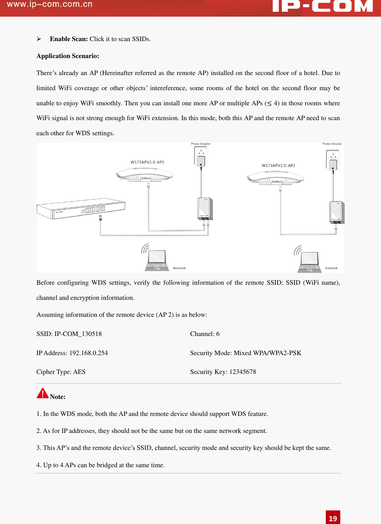   19  Enable Scan: Click it to scan SSIDs.  Application Scenario: There’s already an AP (Hereinafter referred as the remote AP) installed on the second floor of a hotel. Due to limited  WiFi  coverage  or  other  objects’  intereference, some  rooms  of  the  hotel  on  the  second  floor  may  be unable to enjoy WiFi smoothly. Then you can install one more AP or multiple APs (≤ 4) in those rooms where WiFi signal is not strong enough for WiFi extension. In this mode, both this AP and the remote AP need to scan each other for WDS settings.  Before configuring WDS settings, verify the  following information of the remote SSID: SSID (WiFi name), channel and encryption information.   Assuming information of the remote device (AP 2) is as below:   SSID: IP-COM_130518 Channel: 6 IP Address: 192.168.0.254 Security Mode: Mixed WPA/WPA2-PSK Cipher Type: AES Security Key: 12345678 Note: 1. In the WDS mode, both the AP and the remote device should support WDS feature. 2. As for IP addresses, they should not be the same but on the same network segment. 3. This AP’s and the remote device’s SSID, channel, security mode and security key should be kept the same.   4. Up to 4 APs can be bridged at the same time. 