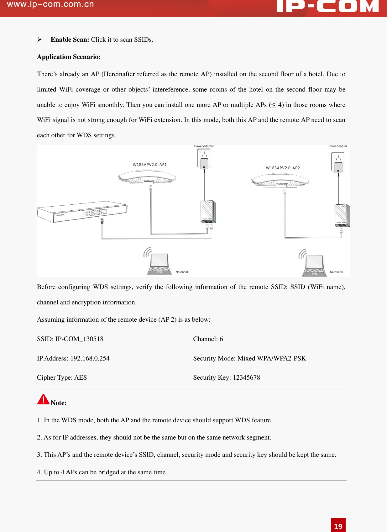   19  Enable Scan: Click it to scan SSIDs.  Application Scenario: There’s already an AP (Hereinafter referred as the remote AP) installed on the second floor of a hotel. Due to limited  WiFi  coverage  or  other  objects’  intereference, some  rooms  of  the  hotel  on  the  second  floor  may  be unable to enjoy WiFi smoothly. Then you can install one more AP or multiple APs (≤ 4) in those rooms where WiFi signal is not strong enough for WiFi extension. In this mode, both this AP and the remote AP need to scan each other for WDS settings.  Before configuring WDS settings, verify the  following information of the remote SSID: SSID (WiFi name), channel and encryption information.   Assuming information of the remote device (AP 2) is as below:   SSID: IP-COM_130518 Channel: 6 IP Address: 192.168.0.254 Security Mode: Mixed WPA/WPA2-PSK Cipher Type: AES Security Key: 12345678 Note: 1. In the WDS mode, both the AP and the remote device should support WDS feature. 2. As for IP addresses, they should not be the same but on the same network segment. 3. This AP’s and the remote device’s SSID, channel, security mode and security key should be kept the same.   4. Up to 4 APs can be bridged at the same time. 