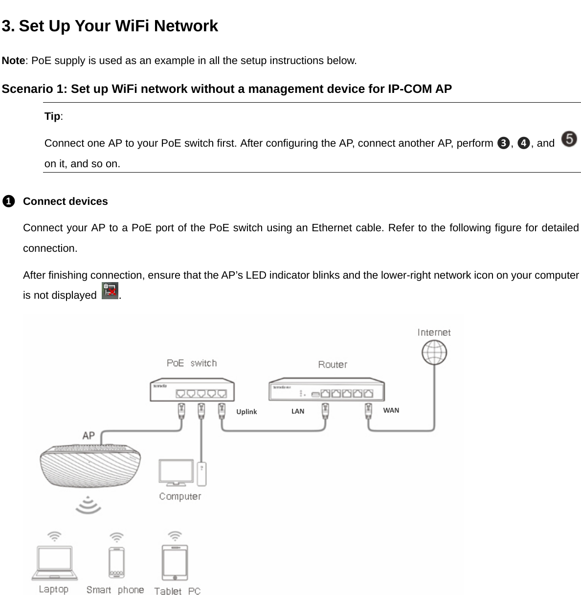 3.Set Up Your WiFi NetworkNote: PoE supply is used as an example in all the setup instructions below.Scenario 1: Set up WiFi network without a management device for IP-COM AP Tip: Connect one AP to your PoE switch first. After configuring the AP, connect another AP, perform ❸,❹, and on it, and so on. ❶ Connect devices Connect your AP to a PoE port of the PoE switch using an Ethernet cable. Refer to the following figure for detailed connection. After finishing connection, ensure that the AP’s LED indicator blinks and the lower-right network icon on your computer is not displayed  .   LAN WANUplink