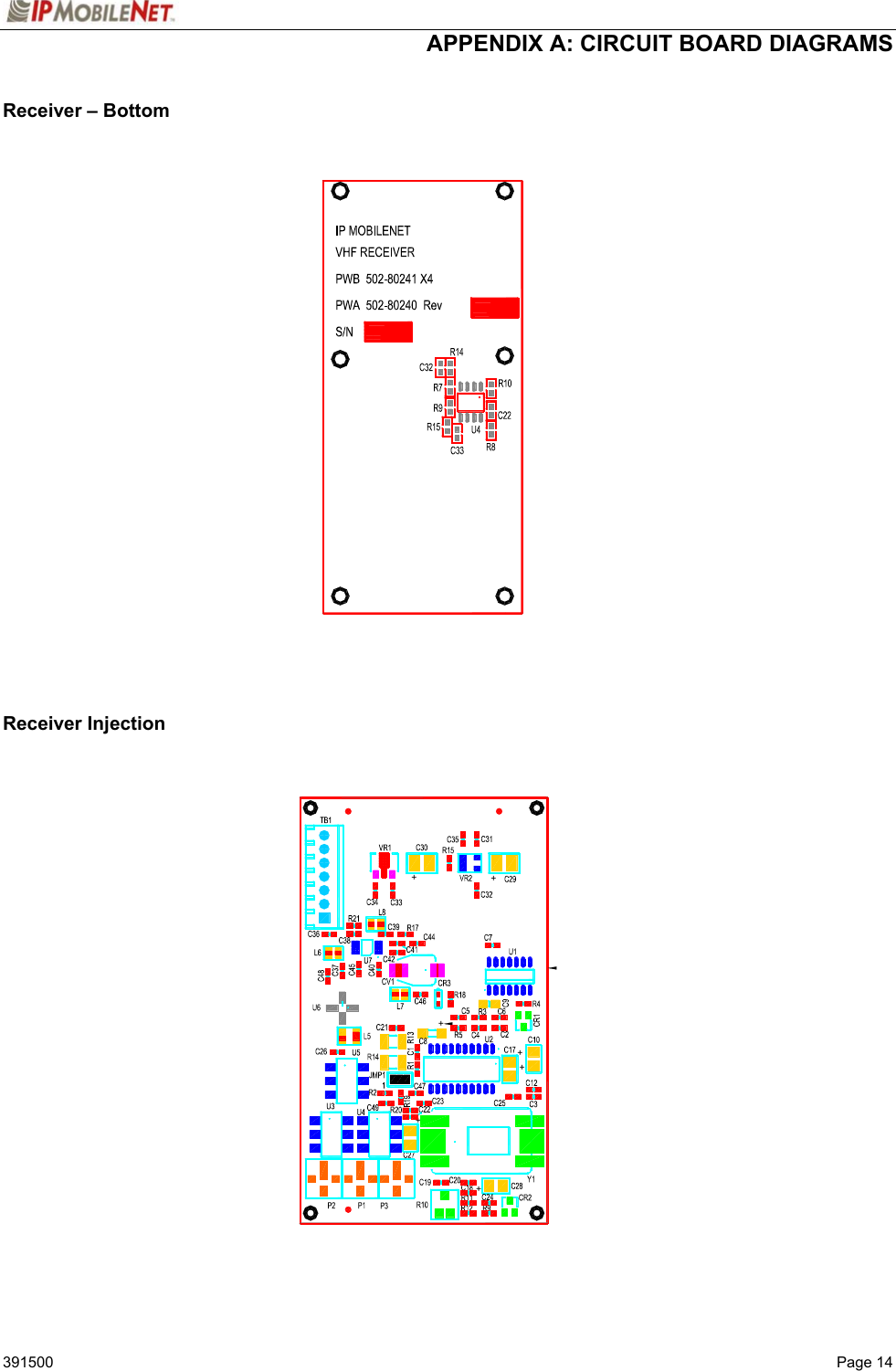  APPENDIX A: CIRCUIT BOARD DIAGRAMS   391500  Page 14 Receiver – Bottom                             Receiver Injection   +++++++