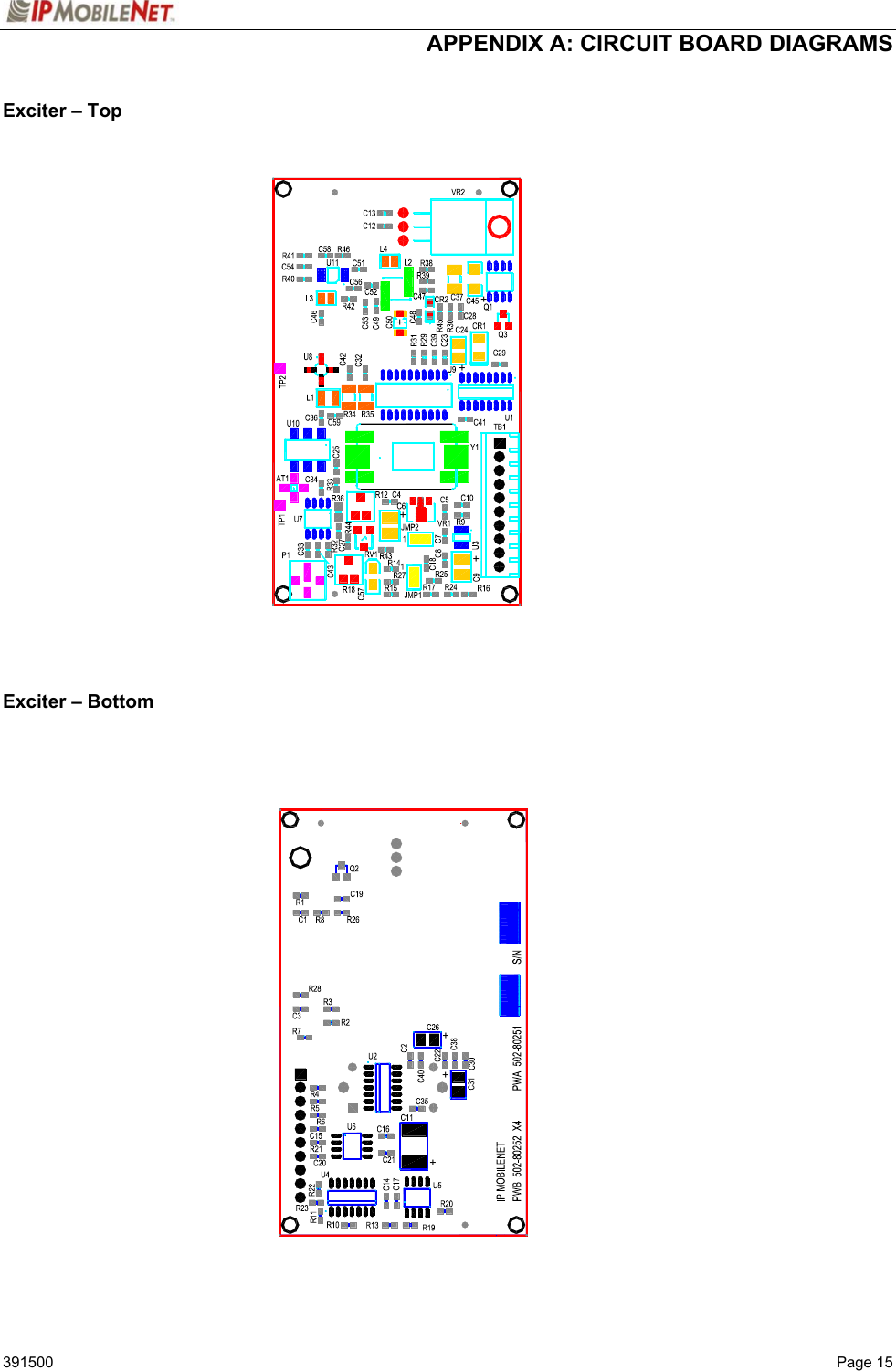  APPENDIX A: CIRCUIT BOARD DIAGRAMS   391500  Page 15 Exciter – Top                           Exciter – Bottom   ++++++++