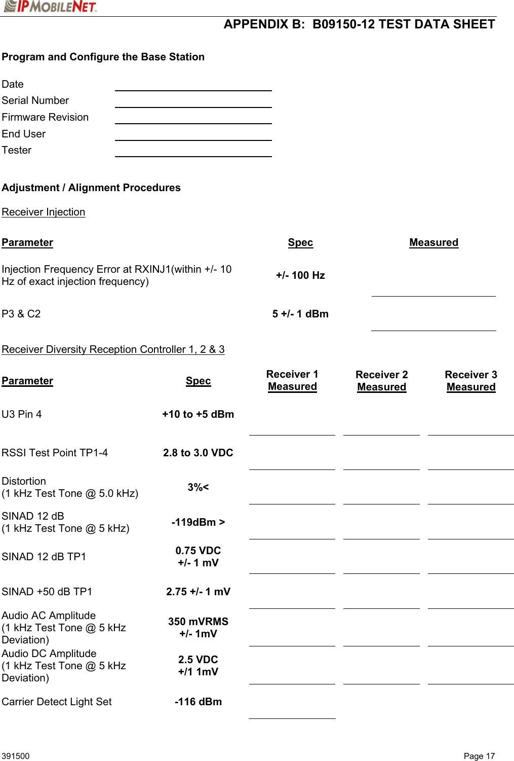  APPENDIX B:  B09150-12 TEST DATA SHEET 391500  Page 17  Program and Configure the Base Station  Date     Serial Number    Firmware Revision    End User   Tester     Adjustment / Alignment Procedures  Receiver Injection  Parameter Spec Measured Injection Frequency Error at RXINJ1(within +/- 10 Hz of exact injection frequency)  +/- 100 Hz    P3 &amp; C2  5 +/- 1 dBm    Receiver Diversity Reception Controller 1, 2 &amp; 3  Parameter Spec Receiver 1 Measured Receiver 2 Measured  Receiver 3 Measured U3 Pin 4  +10 to +5 dBm         RSSI Test Point TP1-4  2.8 to 3.0 VDC        Distortion  (1 kHz Test Tone @ 5.0 kHz)  3%&lt;        SINAD 12 dB (1 kHz Test Tone @ 5 kHz)  -119dBm &gt;        SINAD 12 dB TP1  0.75 VDC +/- 1 mV        SINAD +50 dB TP1  2.75 +/- 1 mV        Audio AC Amplitude (1 kHz Test Tone @ 5 kHz Deviation) 350 mVRMS +/- 1mV        Audio DC Amplitude (1 kHz Test Tone @ 5 kHz Deviation) 2.5 VDC +/1 1mV        Carrier Detect Light Set  -116 dBm        