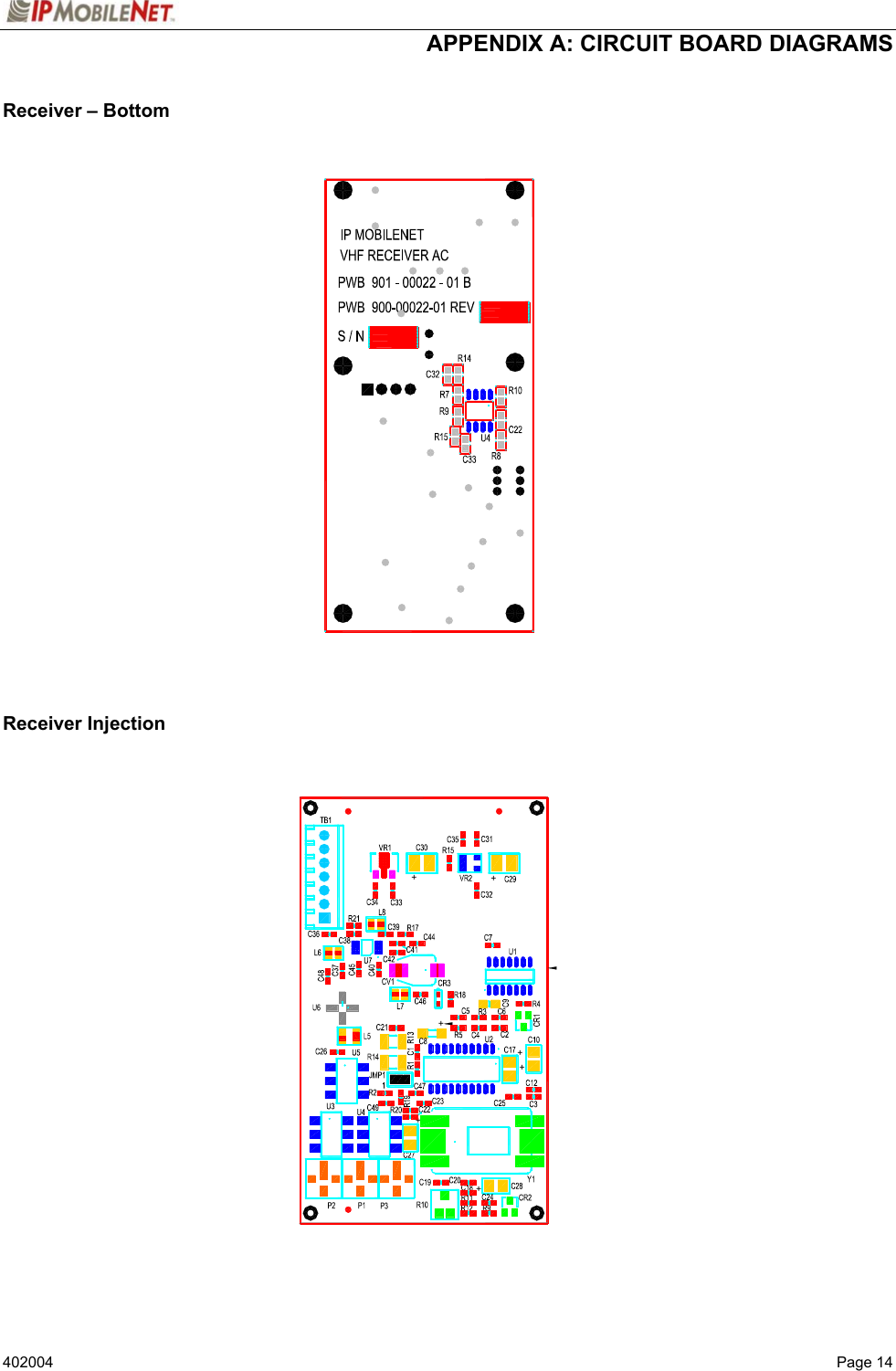  APPENDIX A: CIRCUIT BOARD DIAGRAMS   402004  Page 14 Receiver – Bottom                             Receiver Injection   +++++++