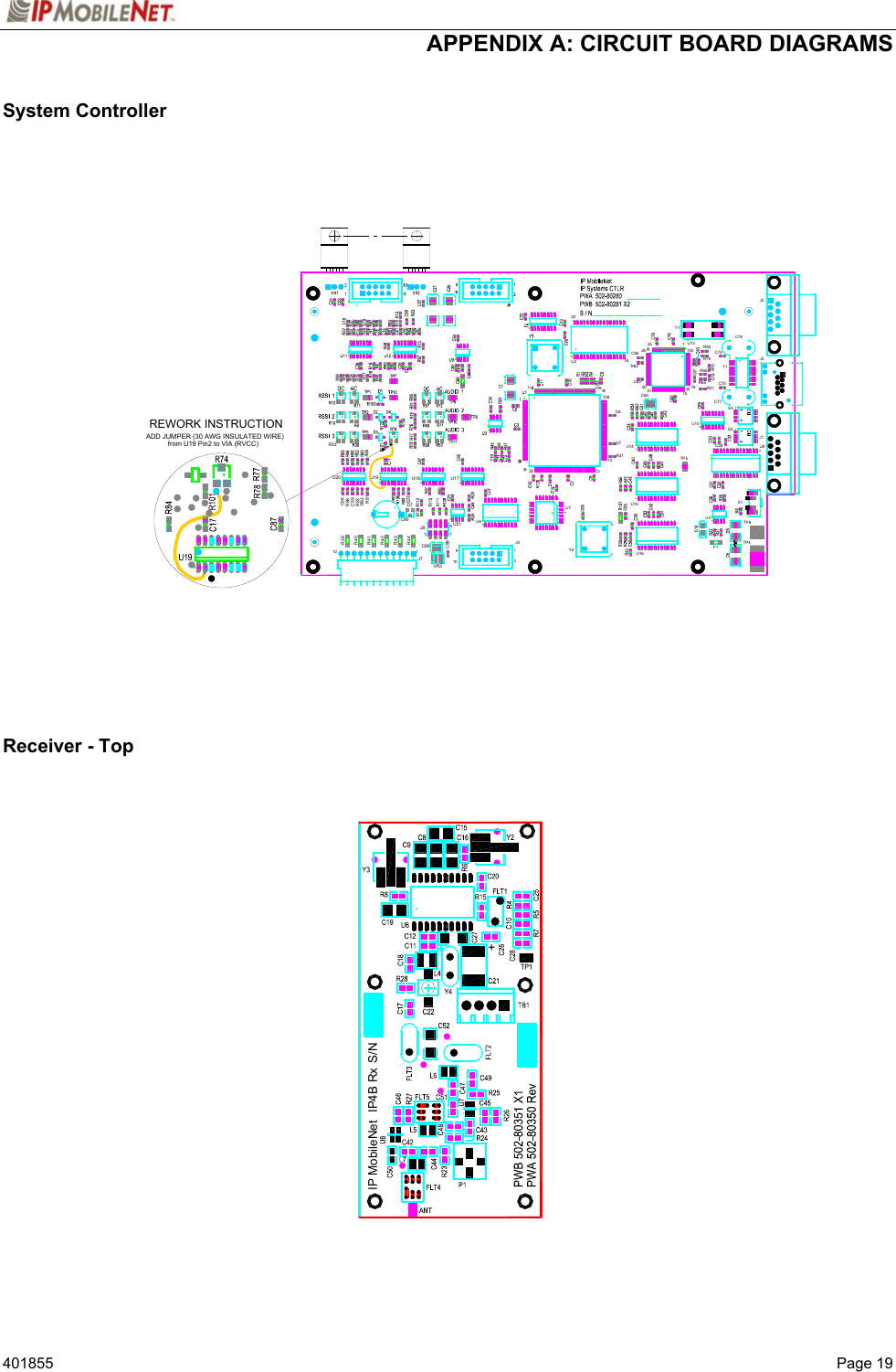  APPENDIX A: CIRCUIT BOARD DIAGRAMS   401855  Page 19 System Controller                             Receiver - Top    C90R41R42R43C89J71VR3J8R441R82R81+U19D7U18U14TP5U10C8351C565016R62C84757632U4U16U15C8C7R31ADD JUMPER (30 AWG INSULATED WIRE)73U772REWORK INSTRUCTIONR33TP4TP8F1S126 100 R80R65R66R79C881097U218U621J5U17Y2U2109108from U19 Pin2 to VIA (RVCC)R83R4012R39 C58R88C59U20J325 1Y1U13C76J2R50C28S2S3U8J1C77R51C75T1C74+IP4B Rx S/NIP MobileNet