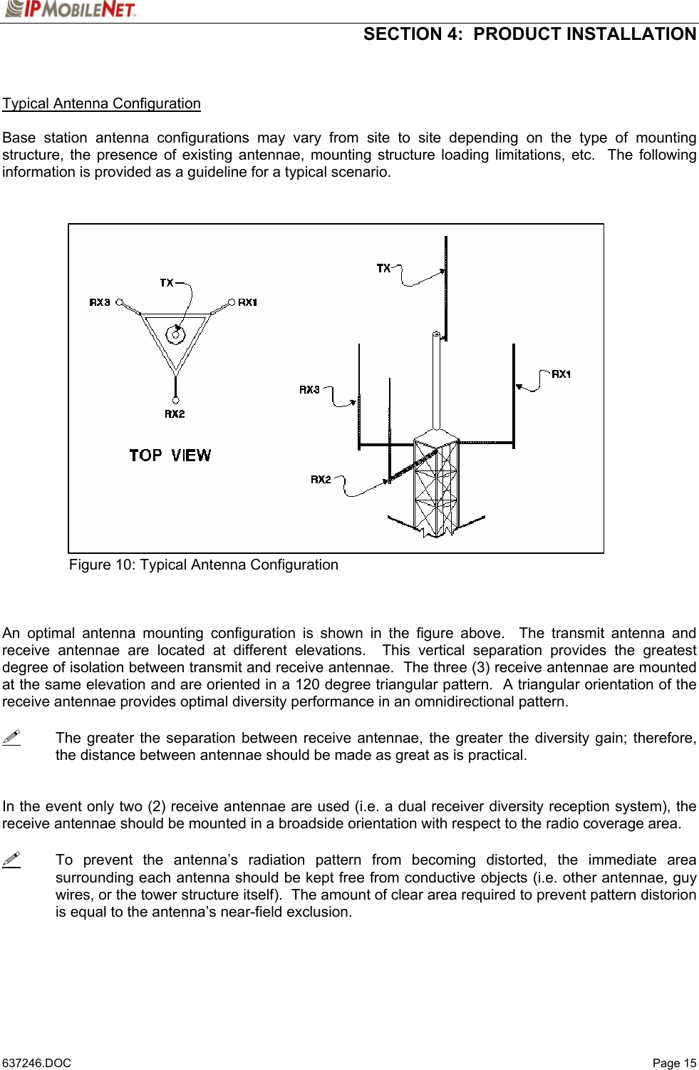  SECTION 4:  PRODUCT INSTALLATION   637246.DOC   Page 15  Typical Antenna Configuration  Base station antenna configurations may vary from site to site depending on the type of mounting structure, the presence of existing antennae, mounting structure loading limitations, etc.  The following information is provided as a guideline for a typical scenario.                         Figure 10: Typical Antenna Configuration    An optimal antenna mounting configuration is shown in the figure above.  The transmit antenna and receive antennae are located at different elevations.  This vertical separation provides the greatest degree of isolation between transmit and receive antennae.  The three (3) receive antennae are mounted at the same elevation and are oriented in a 120 degree triangular pattern.  A triangular orientation of the receive antennae provides optimal diversity performance in an omnidirectional pattern.    The greater the separation between receive antennae, the greater the diversity gain; therefore, the distance between antennae should be made as great as is practical.   In the event only two (2) receive antennae are used (i.e. a dual receiver diversity reception system), the receive antennae should be mounted in a broadside orientation with respect to the radio coverage area.      To prevent the antenna’s radiation pattern from becoming distorted, the immediate area surrounding each antenna should be kept free from conductive objects (i.e. other antennae, guy wires, or the tower structure itself).  The amount of clear area required to prevent pattern distorion is equal to the antenna’s near-field exclusion.   