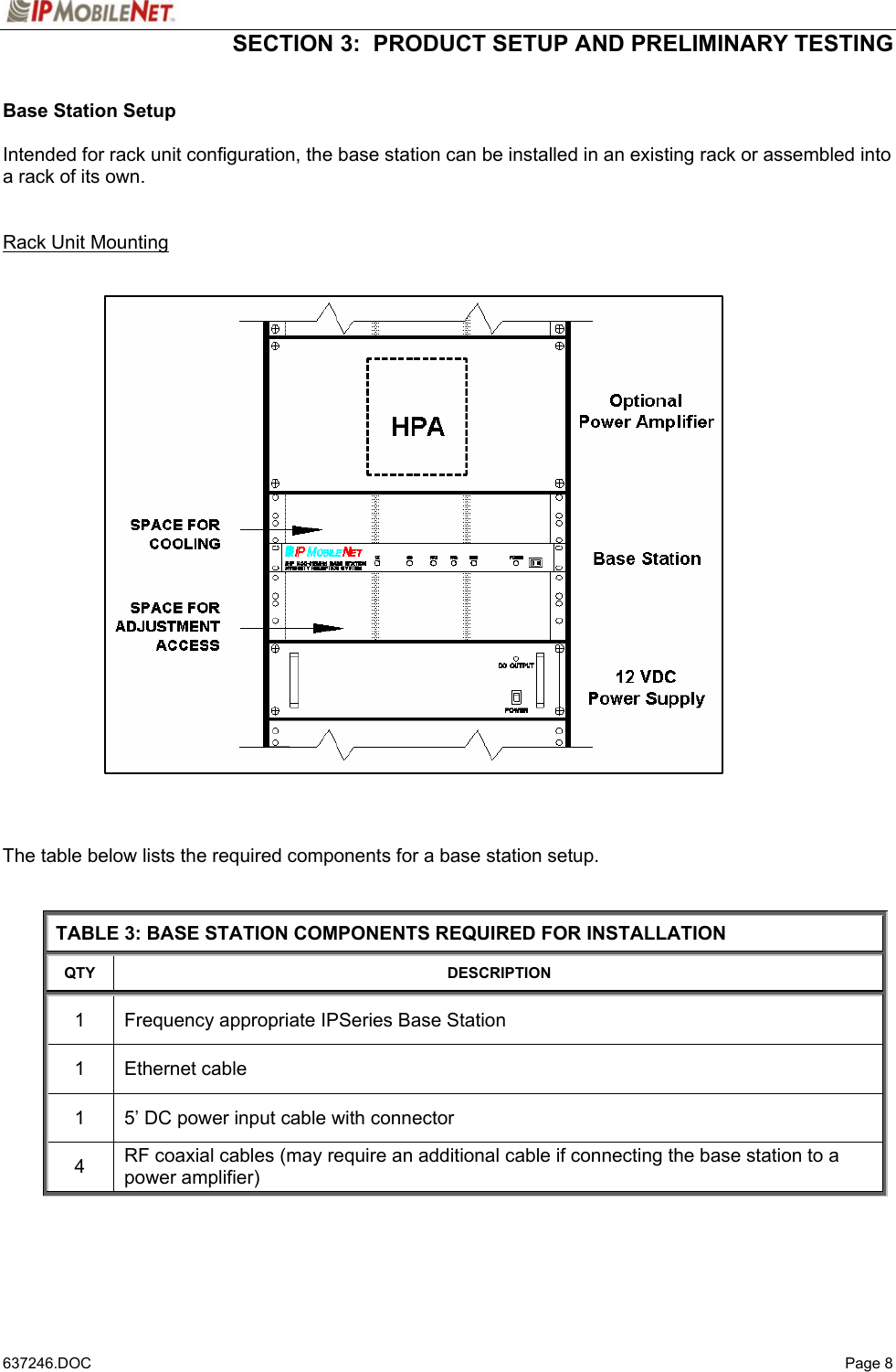  SECTION 3:  PRODUCT SETUP AND PRELIMINARY TESTING   637246.DOC   Page 8 Base Station Setup  Intended for rack unit configuration, the base station can be installed in an existing rack or assembled into a rack of its own.   Rack Unit Mounting                            The table below lists the required components for a base station setup.   TABLE 3: BASE STATION COMPONENTS REQUIRED FOR INSTALLATION QTY DESCRIPTION 1  Frequency appropriate IPSeries Base Station 1 Ethernet cable 1  5’ DC power input cable with connector 4  RF coaxial cables (may require an additional cable if connecting the base station to a power amplifier)    