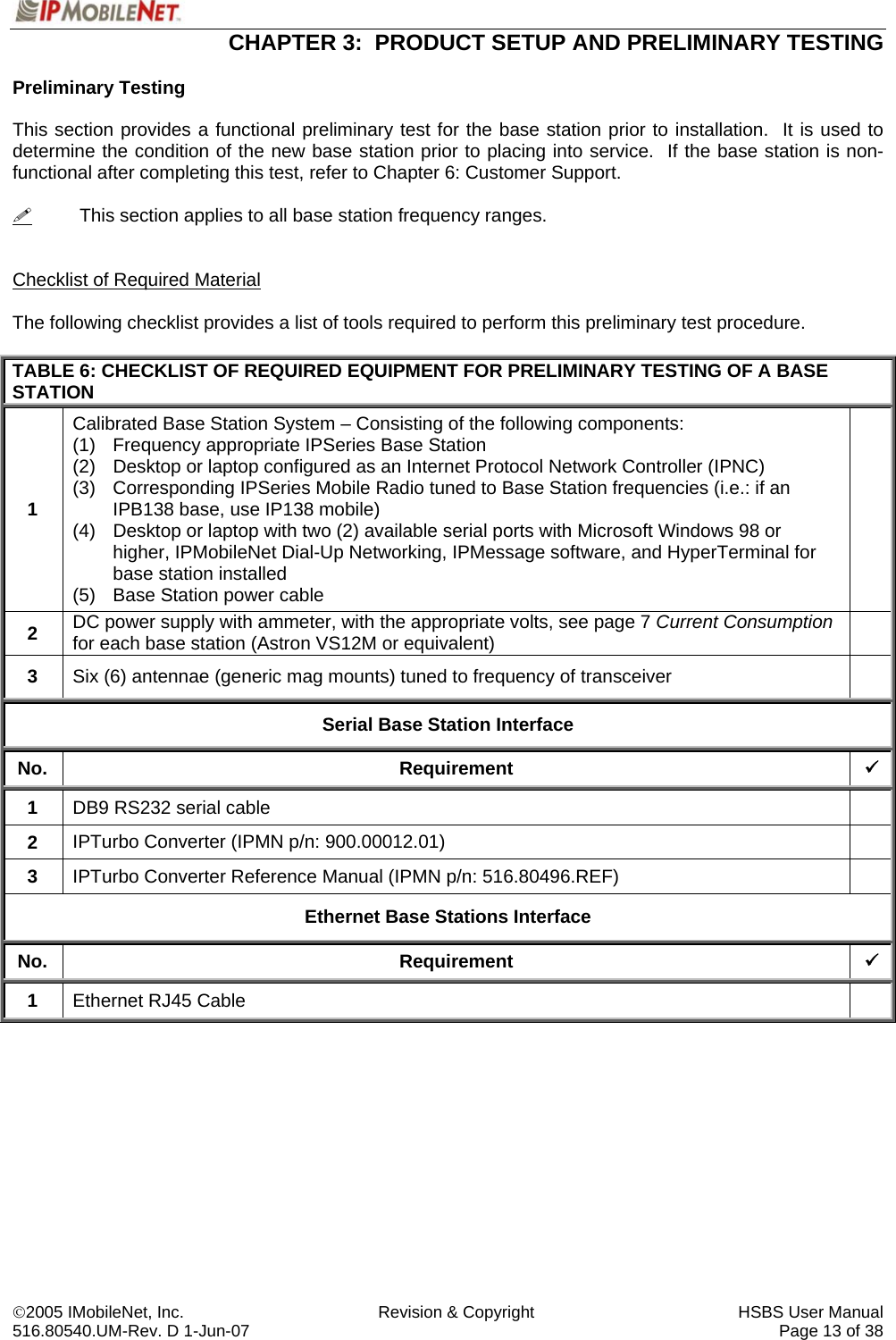  CHAPTER 3:  PRODUCT SETUP AND PRELIMINARY TESTING  ©2005 IMobileNet, Inc.  Revision &amp; Copyright  HSBS User Manual 516.80540.UM-Rev. D 1-Jun-07     Page 13 of 38  Preliminary Testing  This section provides a functional preliminary test for the base station prior to installation.  It is used to determine the condition of the new base station prior to placing into service.  If the base station is non-functional after completing this test, refer to Chapter 6: Customer Support.    This section applies to all base station frequency ranges.   Checklist of Required Material  The following checklist provides a list of tools required to perform this preliminary test procedure.  TABLE 6: CHECKLIST OF REQUIRED EQUIPMENT FOR PRELIMINARY TESTING OF A BASE STATION 1 Calibrated Base Station System – Consisting of the following components: (1)  Frequency appropriate IPSeries Base Station (2)  Desktop or laptop configured as an Internet Protocol Network Controller (IPNC) (3)  Corresponding IPSeries Mobile Radio tuned to Base Station frequencies (i.e.: if an IPB138 base, use IP138 mobile) (4)  Desktop or laptop with two (2) available serial ports with Microsoft Windows 98 or higher, IPMobileNet Dial-Up Networking, IPMessage software, and HyperTerminal for base station installed (5)  Base Station power cable  2  DC power supply with ammeter, with the appropriate volts, see page 7 Current Consumption for each base station (Astron VS12M or equivalent)   3  Six (6) antennae (generic mag mounts) tuned to frequency of transceiver   Serial Base Station Interface No. Requirement 9 1  DB9 RS232 serial cable   2  IPTurbo Converter (IPMN p/n: 900.00012.01)   3  IPTurbo Converter Reference Manual (IPMN p/n: 516.80496.REF)   Ethernet Base Stations Interface No. Requirement 9 1  Ethernet RJ45 Cable          