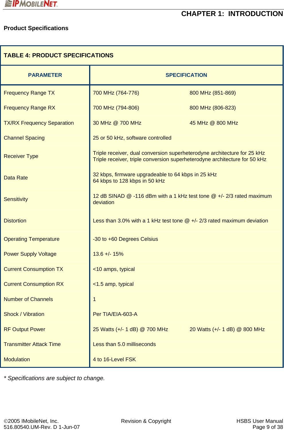  CHAPTER 1:  INTRODUCTION  ©2005 IMobileNet, Inc.  Revision &amp; Copyright  HSBS User Manual 516.80540.UM-Rev. D 1-Jun-07     Page 9 of 38  Product Specifications   TABLE 4: PRODUCT SPECIFICATIONS PARAMETER  SPECIFICATION Frequency Range TX  700 MHz (764-776)  800 MHz (851-869) Frequency Range RX  700 MHz (794-806)  800 MHz (806-823) TX/RX Frequency Separation  30 MHz @ 700 MHz  45 MHz @ 800 MHz Channel Spacing  25 or 50 kHz, software controlled Receiver Type  Triple receiver, dual conversion superheterodyne architecture for 25 kHz Triple receiver, triple conversion superheterodyne architecture for 50 kHz Data Rate  32 kbps, firmware upgradeable to 64 kbps in 25 kHz 64 kbps to 128 kbps in 50 kHz Sensitivity  12 dB SINAD @ -116 dBm with a 1 kHz test tone @ +/- 2/3 rated maximum deviation Distortion  Less than 3.0% with a 1 kHz test tone @ +/- 2/3 rated maximum deviation Operating Temperature  -30 to +60 Degrees Celsius Power Supply Voltage  13.6 +/- 15% Current Consumption TX  &lt;10 amps, typical Current Consumption RX  &lt;1.5 amp, typical Number of Channels  1 Shock / Vibration  Per TIA/EIA-603-A RF Output Power  25 Watts (+/- 1 dB) @ 700 MHz  20 Watts (+/- 1 dB) @ 800 MHz Transmitter Attack Time  Less than 5.0 milliseconds Modulation  4 to 16-Level FSK  * Specifications are subject to change.