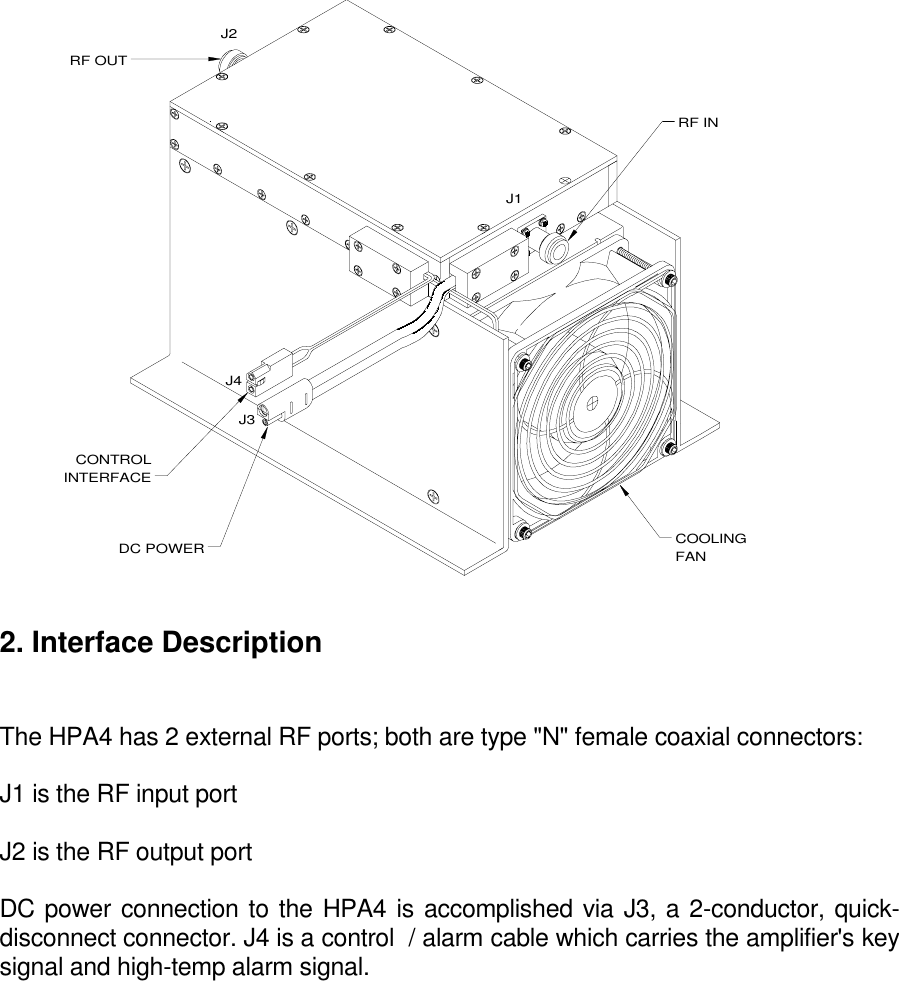 2. Interface DescriptionThe HPA4 has 2 external RF ports; both are type &quot;N&quot; female coaxial connectors:J1 is the RF input portJ2 is the RF output portDC power connection to the HPA4 is accomplished via J3, a 2-conductor, quick-disconnect connector. J4 is a control  / alarm cable which carries the amplifier&apos;s keysignal and high-temp alarm signal.DC POWERINTERFACEJ3J4RF OUTJ2COOLINGJ1RF INCONTROLFAN