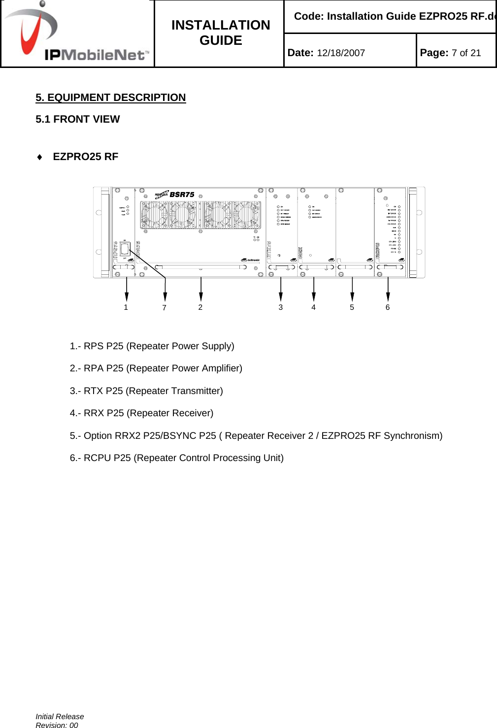    Code: Installation Guide EZPRO25 RF.do INSTALLATION GUIDE  Date: 12/18/2007 Page: 7 of 21  Initial Release Revision: 00   5. EQUIPMENT DESCRIPTION 5.1 FRONT VIEW   ♦ EZPRO25 RF   1.- RPS P25 (Repeater Power Supply) 2.- RPA P25 (Repeater Power Amplifier) 3.- RTX P25 (Repeater Transmitter) 4.- RRX P25 (Repeater Receiver) 5.- Option RRX2 P25/BSYNC P25 ( Repeater Receiver 2 / EZPRO25 RF Synchronism) 6.- RCPU P25 (Repeater Control Processing Unit) 7 1 2  3  4 5 6 