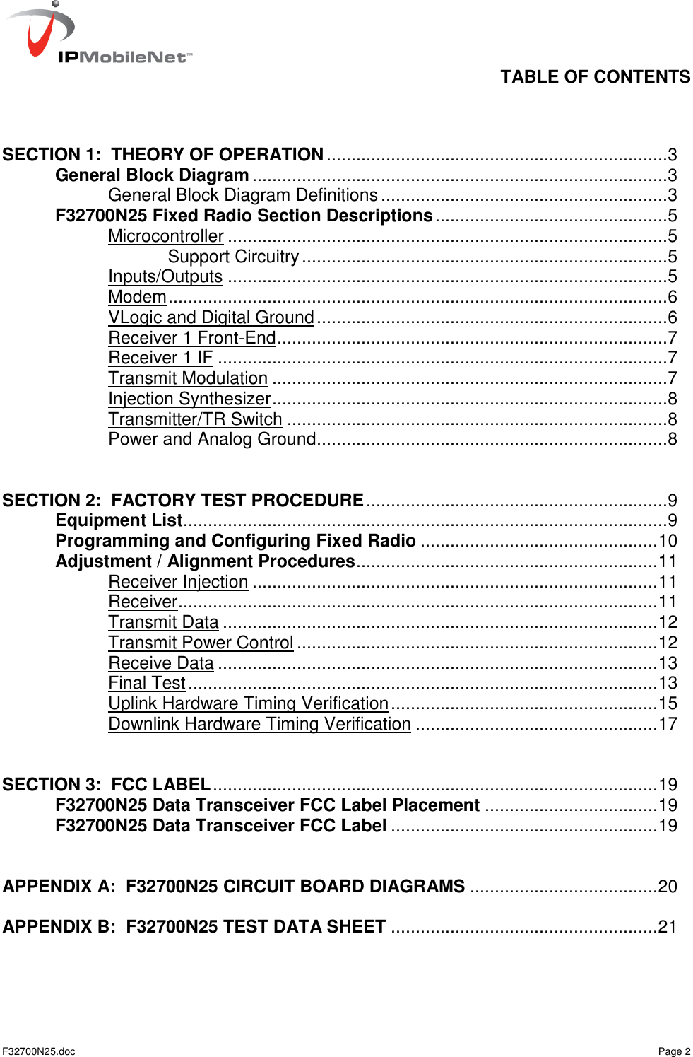   TABLE OF CONTENTS  F32700N25.doc    Page 2   SECTION 1:  THEORY OF OPERATION ..................................................................... 3   General Block Diagram .................................................................................... 3     General Block Diagram Definitions .......................................................... 3  F32700N25 Fixed Radio Section Descriptions ............................................... 5     Microcontroller ......................................................................................... 5       Support Circuitry .......................................................................... 5     Inputs/Outputs ......................................................................................... 5     Modem  ..................................................................................................... 6     VLogic and Digital Ground ....................................................................... 6     Receiver 1 Front-End ............................................................................... 7     Receiver 1 IF ........................................................................................... 7     Transmit Modulation ................................................................................ 7     Injection Synthesizer ................................................................................ 8     Transmitter/TR Switch ............................................................................. 8     Power and Analog Ground ....................................................................... 8   SECTION 2:  FACTORY TEST PROCEDURE ............................................................. 9   Equipment List .................................................................................................. 9   Programming and Configuring Fixed Radio ................................................ 10   Adjustment / Alignment Procedures ............................................................. 11     Receiver Injection .................................................................................. 11     Receiver ................................................................................................. 11     Transmit Data ........................................................................................ 12     Transmit Power Control ......................................................................... 12     Receive Data ......................................................................................... 13     Final Test ............................................................................................... 13     Uplink Hardware Timing Verification ...................................................... 15     Downlink Hardware Timing Verification ................................................. 17   SECTION 3:  FCC LABEL .......................................................................................... 19   F32700N25 Data Transceiver FCC Label Placement ................................... 19  F32700N25 Data Transceiver FCC Label ...................................................... 19   APPENDIX A:  F32700N25 CIRCUIT BOARD DIAGRAMS ...................................... 20  APPENDIX B:  F32700N25 TEST DATA SHEET ...................................................... 21   