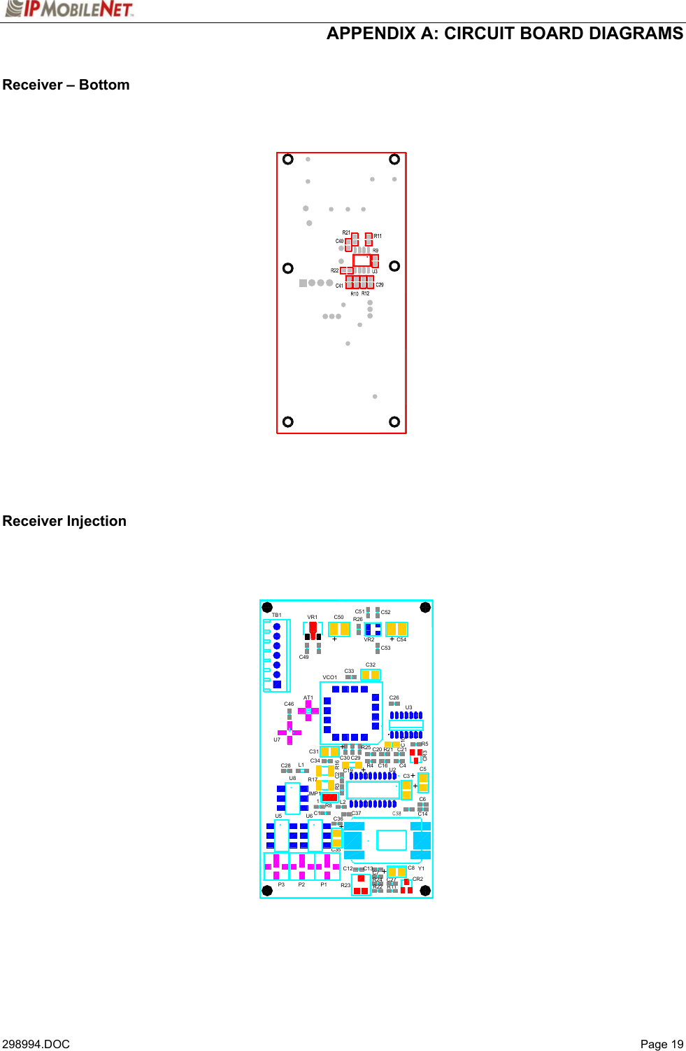  APPENDIX A: CIRCUIT BOARD DIAGRAMS   298994.DOC   Page 19 Receiver – Bottom                           Receiver Injection   R23P1C1JMP1U5 U6+C351L2R8C36R3C37+C8 Y1R11C27 CR2C14C6+C20C34C31C28U7L1C46AT1C54+C52C19C30R16C2+C29+R4R25VR1C49TB1C33VCO1C32+C50VR2R26C51C21C3C4U2C16R21C10CR3C5R5U3C26C53+R17U8R24R22C7C13C12P3 P2