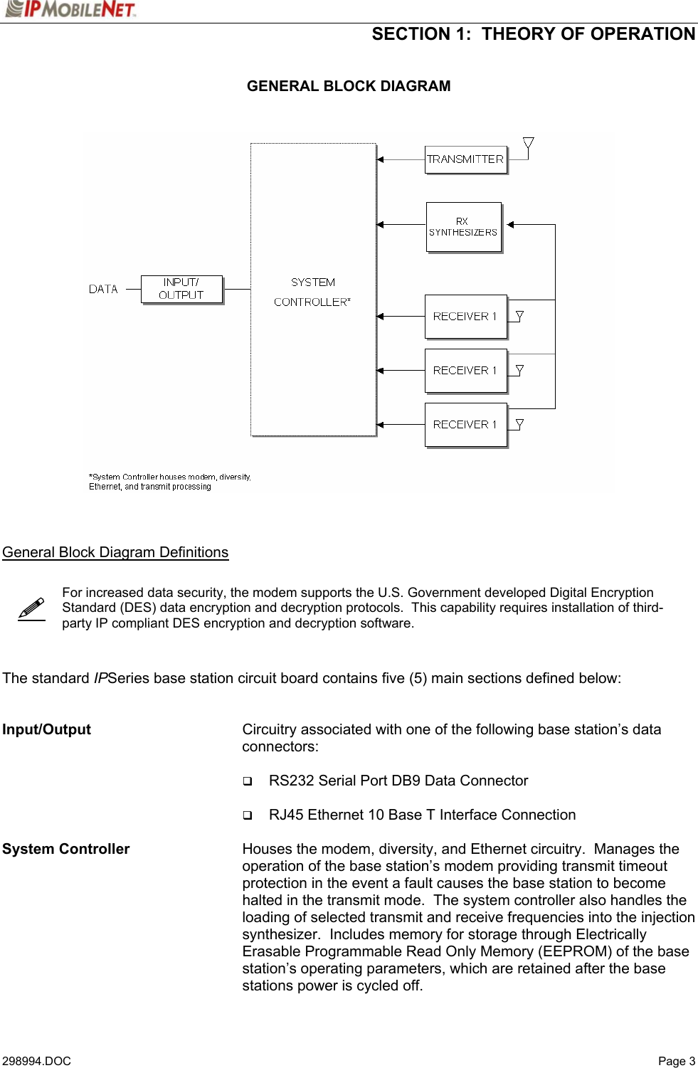  SECTION 1:  THEORY OF OPERATION   298994.DOC   Page 3   GENERAL BLOCK DIAGRAM       General Block Diagram Definitions     For increased data security, the modem supports the U.S. Government developed Digital Encryption Standard (DES) data encryption and decryption protocols.  This capability requires installation of third-party IP compliant DES encryption and decryption software.    The standard IPSeries base station circuit board contains five (5) main sections defined below:   Input/Output    Circuitry associated with one of the following base station’s data connectors:   RS232 Serial Port DB9 Data Connector   RJ45 Ethernet 10 Base T Interface Connection  System Controller    Houses the modem, diversity, and Ethernet circuitry.  Manages the operation of the base station’s modem providing transmit timeout protection in the event a fault causes the base station to become halted in the transmit mode.  The system controller also handles the loading of selected transmit and receive frequencies into the injection synthesizer.  Includes memory for storage through Electrically Erasable Programmable Read Only Memory (EEPROM) of the base station’s operating parameters, which are retained after the base stations power is cycled off.   