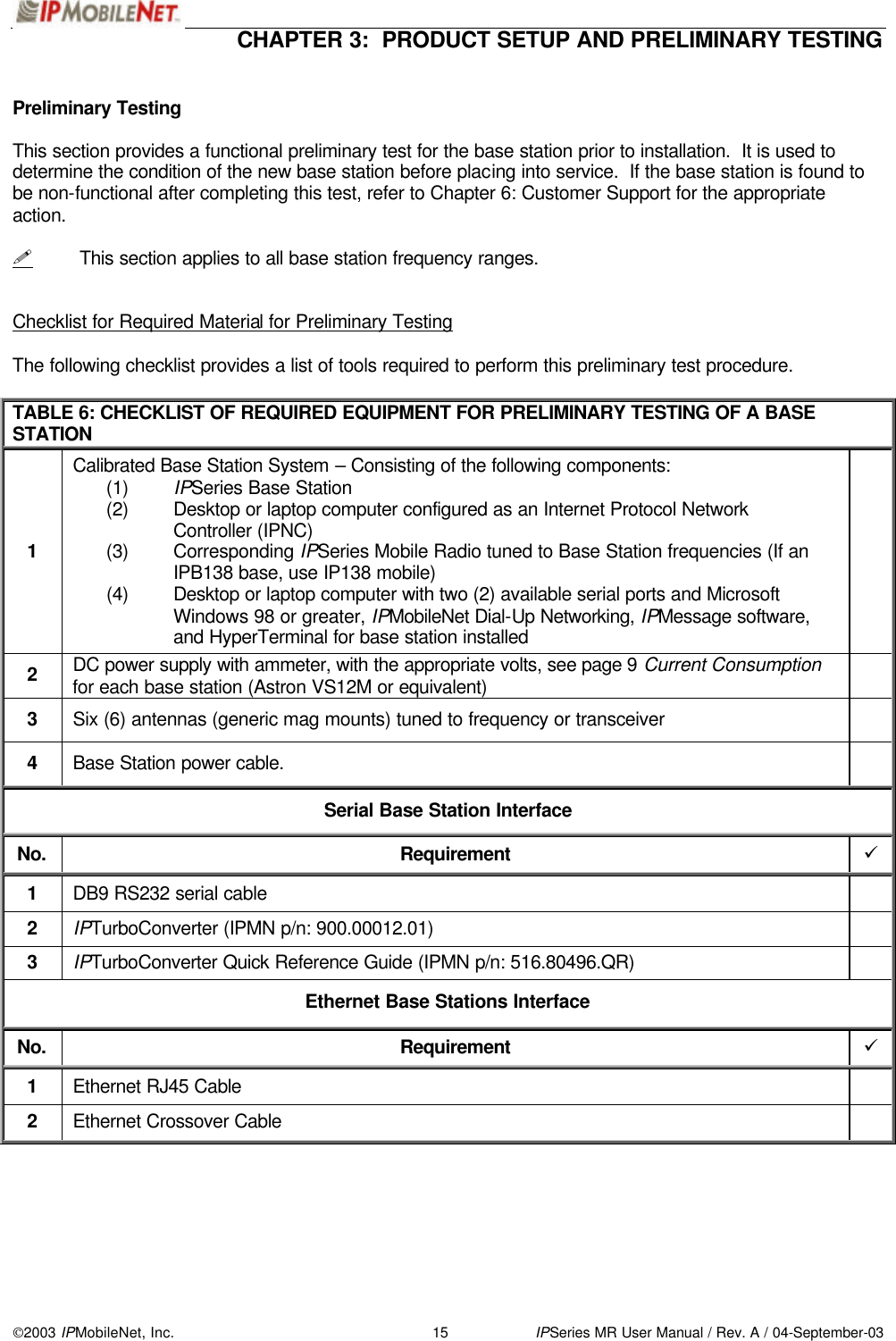  CHAPTER 3:  PRODUCT SETUP AND PRELIMINARY TESTING  2003 IPMobileNet, Inc. 15 IPSeries MR User Manual / Rev. A / 04-September-03  Preliminary Testing  This section provides a functional preliminary test for the base station prior to installation.  It is used to determine the condition of the new base station before placing into service.  If the base station is found to be non-functional after completing this test, refer to Chapter 6: Customer Support for the appropriate action.  ! This section applies to all base station frequency ranges.   Checklist for Required Material for Preliminary Testing  The following checklist provides a list of tools required to perform this preliminary test procedure.  TABLE 6: CHECKLIST OF REQUIRED EQUIPMENT FOR PRELIMINARY TESTING OF A BASE STATION 1 Calibrated Base Station System – Consisting of the following components: (1) IPSeries Base Station (2) Desktop or laptop computer configured as an Internet Protocol Network Controller (IPNC) (3) Corresponding IPSeries Mobile Radio tuned to Base Station frequencies (If an IPB138 base, use IP138 mobile) (4) Desktop or laptop computer with two (2) available serial ports and Microsoft Windows 98 or greater, IPMobileNet Dial-Up Networking, IPMessage software, and HyperTerminal for base station installed  2 DC power supply with ammeter, with the appropriate volts, see page 9 Current Consumption for each base station (Astron VS12M or equivalent)  3 Six (6) antennas (generic mag mounts) tuned to frequency or transceiver  4 Base Station power cable.  Serial Base Station Interface No. Requirement ü 1 DB9 RS232 serial cable   2 IPTurboConverter (IPMN p/n: 900.00012.01)   3 IPTurboConverter Quick Reference Guide (IPMN p/n: 516.80496.QR)   Ethernet Base Stations Interface No. Requirement ü 1 Ethernet RJ45 Cable   2 Ethernet Crossover Cable         