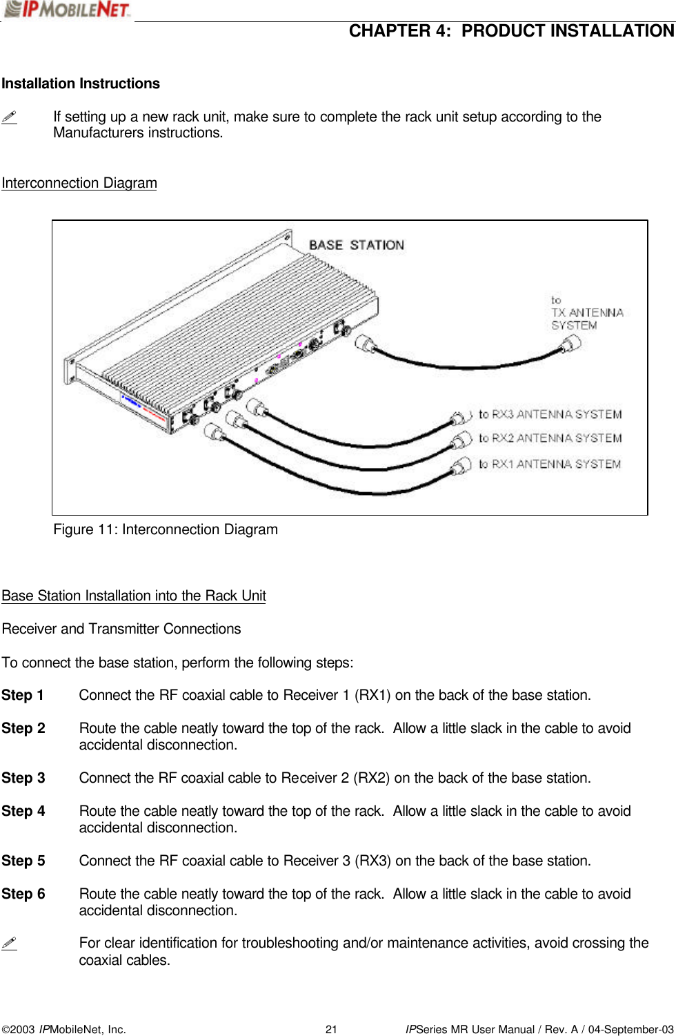  CHAPTER 4:  PRODUCT INSTALLATION  2003 IPMobileNet, Inc. 21 IPSeries MR User Manual / Rev. A / 04-September-03  Installation Instructions  ! If setting up a new rack unit, make sure to complete the rack unit setup according to the Manufacturers instructions.   Interconnection Diagram                     Figure 11: Interconnection Diagram    Base Station Installation into the Rack Unit  Receiver and Transmitter Connections  To connect the base station, perform the following steps:  Step 1 Connect the RF coaxial cable to Receiver 1 (RX1) on the back of the base station.  Step 2 Route the cable neatly toward the top of the rack.  Allow a little slack in the cable to avoid accidental disconnection.  Step 3 Connect the RF coaxial cable to Receiver 2 (RX2) on the back of the base station.  Step 4 Route the cable neatly toward the top of the rack.  Allow a little slack in the cable to avoid accidental disconnection.  Step 5 Connect the RF coaxial cable to Receiver 3 (RX3) on the back of the base station.  Step 6 Route the cable neatly toward the top of the rack.  Allow a little slack in the cable to avoid accidental disconnection.  ! For clear identification for troubleshooting and/or maintenance activities, avoid crossing the coaxial cables. 