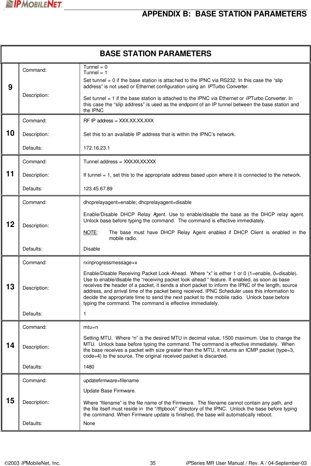  APPENDIX B:  BASE STATION PARAMETERS   2003 IPMobileNet, Inc. 35 IPSeries MR User Manual / Rev. A / 04-September-03  BASE STATION PARAMETERS Command: Tunnel = 0 Tunnel = 1 9 Description: Set tunnel = 0 if the base station is attached to the IPNC via RS232. In this case the “slip address” is not used or Ethernet configuration using an IPTurbo Converter.  Set tunnel = 1 if the base station is attached to the IPNC via Ethernet or IPTurbo Converter. In this case the “slip address” is used as the endpoint of an IP tunnel between the base station and the IPNC Command: RF IP address = XXX.XX.XX.XXX Description: Set this to an available IP address that is within the IPNC’s network. 10 Defaults: 172.16.23.1 Command: Tunnel address = XXX.XX.XX.XXX Description: If tunnel = 1, set this to the appropriate address based upon where it is connected to the network. 11 Defaults: 123.45.67.89 Command: dhcprelayagent=enable; dhcprelayagent=disable Description: Enable/Disable DHCP Relay Agent. Use to enable/disable the base as the DHCP relay agent.  Unlock base before typing the command.  The command is effective immediately.  NOTE:   The base must have DHCP Relay Agent enabled if DHCP Client is enabled in the mobile radio. 12 Defaults: Disable Command: rxinprogressmessage=x Description: Enable/Disable Receiving Packet Look-Ahead.  Where “x” is either 1 or 0 (1=enable, 0=disable).  Use to enable/disable the “receiving packet look-ahead “ feature. If enabled, as soon as base receives the header of a packet, it sends a short packet to inform the IPNC of the length, source address, and arrival time of the packet being received. IPNC Scheduler uses this information to decide the appropriate time to send the next packet to the mobile radio.  Unlock base before typing the command. The command is effective immediately. 13 Defaults: 1 Command: mtu=n Description: Setting MTU.  Where “n” is the desired MTU in decimal value, 1500 maximum. Use to change the MTU.  Unlock base before typing the command. The command is effective immediately.  When the base receives a packet with size greater than the MTU, it returns an ICMP packet (type=3, code=4) to the source. The original received packet is discarded. 14 Defaults: 1480 Command: updatefirmware=filename Description: Update Base Firmware.  Where “filename” is the file name of the Firmware.  The filename cannot contain any path, and the file itself must reside in  the “/tftpboot/” directory of the IPNC.  Unlock the base before typing the command. When Firmware update is finished, the base will automatically reboot. 15 Defaults: None  