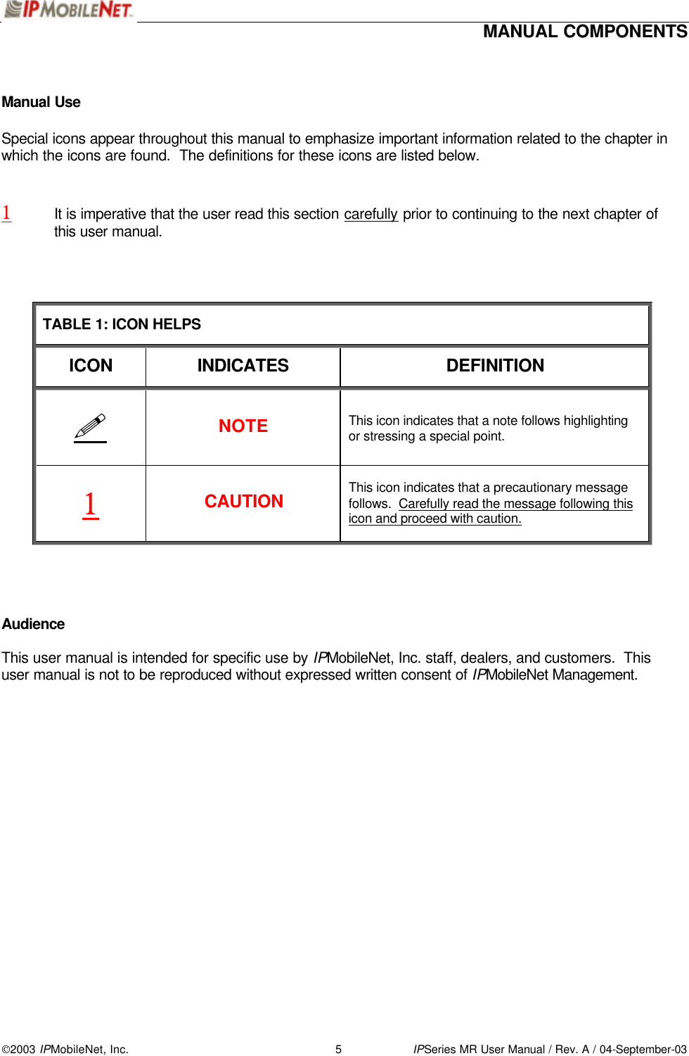  MANUAL COMPONENTS   2003 IPMobileNet, Inc. 5 IPSeries MR User Manual / Rev. A / 04-September-03  Manual Use  Special icons appear throughout this manual to emphasize important information related to the chapter in which the icons are found.  The definitions for these icons are listed below.     1 It is imperative that the user read this section carefully prior to continuing to the next chapter of  this user manual.    TABLE 1: ICON HELPS ICON INDICATES DEFINITION ! NOTE This icon indicates that a note follows highlighting or stressing a special point. 1 CAUTION This icon indicates that a precautionary message follows.  Carefully read the message following this icon and proceed with caution.     Audience  This user manual is intended for specific use by IPMobileNet, Inc. staff, dealers, and customers.  This user manual is not to be reproduced without expressed written consent of IPMobileNet Management.     