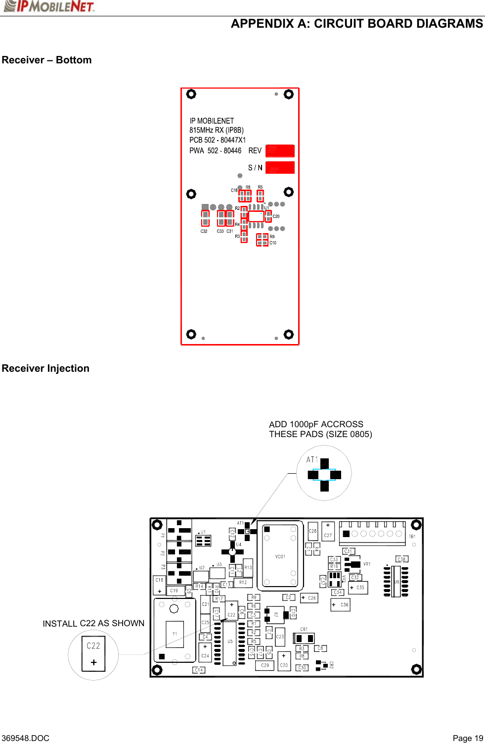  APPENDIX A: CIRCUIT BOARD DIAGRAMS   369548.DOC   Page 19 Receiver – Bottom                           Receiver Injection   INSTALL C22 AS SHOWNTHESE PADS (SIZE 0805)ADD 1000pF ACCROSS