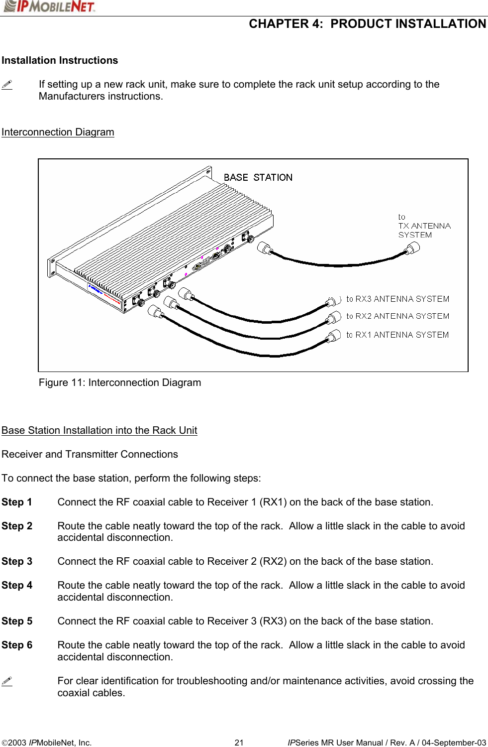  CHAPTER 4:  PRODUCT INSTALLATION  2003 IPMobileNet, Inc.  21  IPSeries MR User Manual / Rev. A / 04-September-03  Installation Instructions    If setting up a new rack unit, make sure to complete the rack unit setup according to the Manufacturers instructions.   Interconnection Diagram                     Figure 11: Interconnection Diagram    Base Station Installation into the Rack Unit  Receiver and Transmitter Connections  To connect the base station, perform the following steps:  Step 1  Connect the RF coaxial cable to Receiver 1 (RX1) on the back of the base station.  Step 2  Route the cable neatly toward the top of the rack.  Allow a little slack in the cable to avoid accidental disconnection.  Step 3  Connect the RF coaxial cable to Receiver 2 (RX2) on the back of the base station.  Step 4  Route the cable neatly toward the top of the rack.  Allow a little slack in the cable to avoid accidental disconnection.  Step 5  Connect the RF coaxial cable to Receiver 3 (RX3) on the back of the base station.  Step 6  Route the cable neatly toward the top of the rack.  Allow a little slack in the cable to avoid accidental disconnection.    For clear identification for troubleshooting and/or maintenance activities, avoid crossing the coaxial cables. 