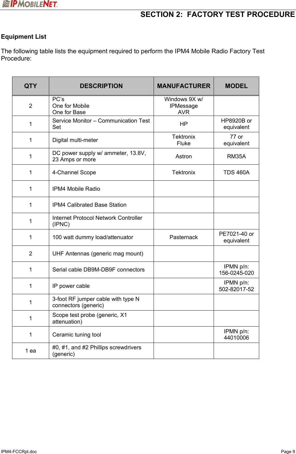   SECTION 2:  FACTORY TEST PROCEDURE  IPM4-FCCRpt.doc   Page 9  Equipment List   The following table lists the equipment required to perform the IPM4 Mobile Radio Factory Test Procedure:   QTY  DESCRIPTION  MANUFACTURER MODEL 2 PC’s One for Mobile One for Base Windows 9X w/ IPMessage AVR  1  Service Monitor – Communication Test Set  HP  HP8920B or equivalent 1 Digital multi-meter  Tektronix Fluke 77 or equivalent 1  DC power supply w/ ammeter, 13.8V, 23 Amps or more  Astron  RM35A   1  4-Channel Scope  Tektronix  TDS 460A 1  IPM4 Mobile Radio     1  IPM4 Calibrated Base Station     1  Internet Protocol Network Controller (IPNC)    1  100 watt dummy load/attenuator  Pasternack  PE7021-40 or equivalent 2  UHF Antennas (generic mag mount)     1  Serial cable DB9M-DB9F connectors    IPMN p/n:  156-0245-020 1  IP power cable    IPMN p/n: 502-82017-52 1  3-foot RF jumper cable with type N connectors (generic)    1  Scope test probe (generic, X1 attenuation)    1  Ceramic tuning tool    IPMN p/n: 44010006 1 ea  #0, #1, and #2 Phillips screwdrivers (generic)       