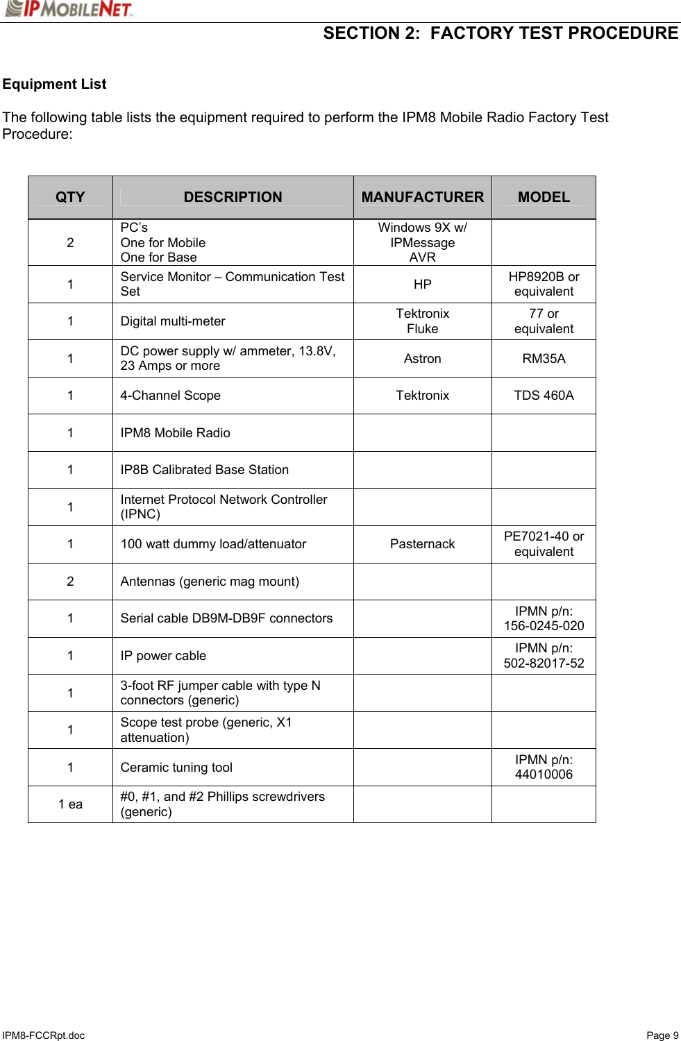   SECTION 2:  FACTORY TEST PROCEDURE  IPM8-FCCRpt.doc   Page 9  Equipment List   The following table lists the equipment required to perform the IPM8 Mobile Radio Factory Test Procedure:   QTY  DESCRIPTION  MANUFACTURER MODEL 2 PC’s One for Mobile One for Base Windows 9X w/ IPMessage AVR  1  Service Monitor – Communication Test Set  HP  HP8920B or equivalent 1 Digital multi-meter  Tektronix Fluke 77 or equivalent 1  DC power supply w/ ammeter, 13.8V, 23 Amps or more  Astron  RM35A   1  4-Channel Scope  Tektronix  TDS 460A 1  IPM8 Mobile Radio     1  IP8B Calibrated Base Station     1  Internet Protocol Network Controller (IPNC)    1  100 watt dummy load/attenuator  Pasternack  PE7021-40 or equivalent 2  Antennas (generic mag mount)     1  Serial cable DB9M-DB9F connectors    IPMN p/n:  156-0245-020 1  IP power cable    IPMN p/n: 502-82017-52 1  3-foot RF jumper cable with type N connectors (generic)    1  Scope test probe (generic, X1 attenuation)    1  Ceramic tuning tool    IPMN p/n: 44010006 1 ea  #0, #1, and #2 Phillips screwdrivers (generic)       