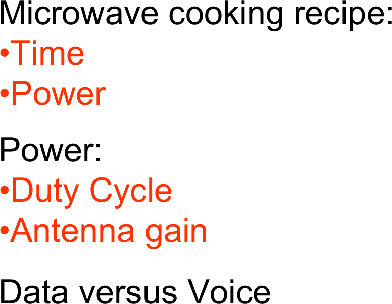 Microwave cooking recipe:•Time•PowerPower:•Duty Cycle•Antenna gainData versus Voice