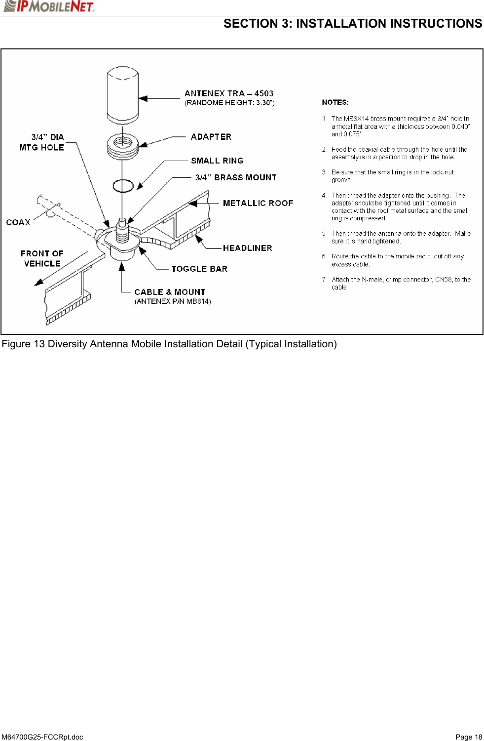  SECTION 3: INSTALLATION INSTRUCTIONS  M64700G25-FCCRpt.doc   Page 18                          Figure 13 Diversity Antenna Mobile Installation Detail (Typical Installation)                             