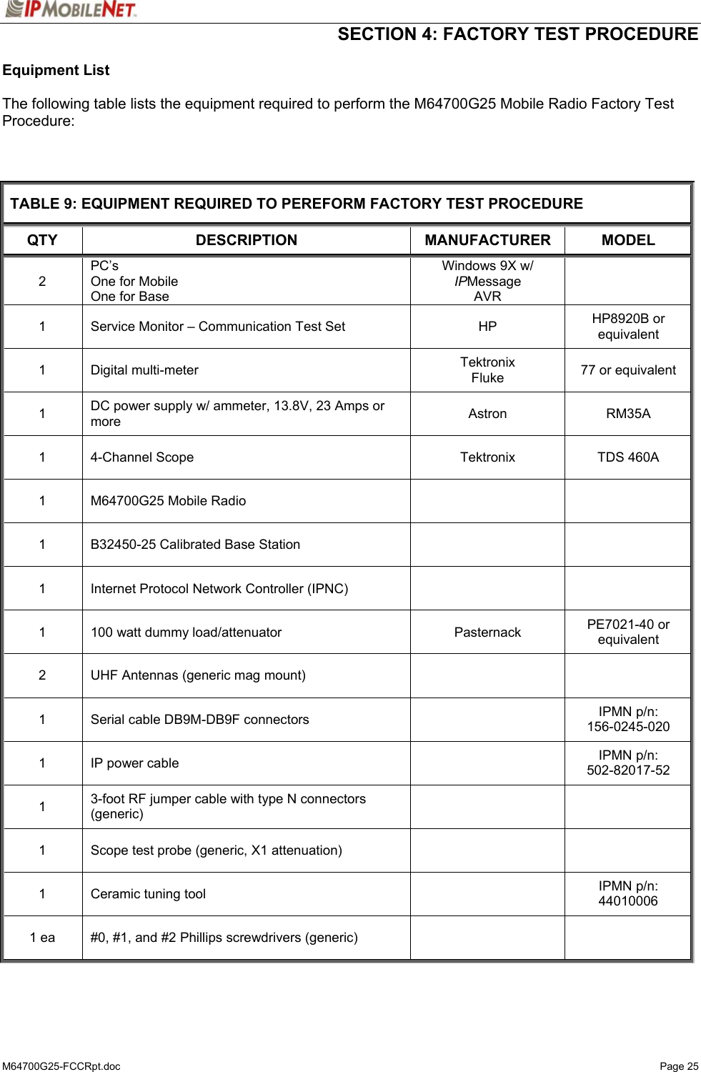  SECTION 4: FACTORY TEST PROCEDURE  M64700G25-FCCRpt.doc   Page 25 Equipment List   The following table lists the equipment required to perform the M64700G25 Mobile Radio Factory Test Procedure:    TABLE 9: EQUIPMENT REQUIRED TO PEREFORM FACTORY TEST PROCEDURE QTY DESCRIPTION MANUFACTURER MODEL 2 PC’s One for Mobile One for Base Windows 9X w/  IPMessage AVR  1  Service Monitor – Communication Test Set  HP  HP8920B or equivalent 1 Digital multi-meter  Tektronix Fluke  77 or equivalent 1  DC power supply w/ ammeter, 13.8V, 23 Amps or more  Astron  RM35A   1  4-Channel Scope  Tektronix  TDS 460A 1  M64700G25 Mobile Radio     1  B32450-25 Calibrated Base Station     1  Internet Protocol Network Controller (IPNC)     1  100 watt dummy load/attenuator  Pasternack  PE7021-40 or equivalent 2  UHF Antennas (generic mag mount)     1  Serial cable DB9M-DB9F connectors    IPMN p/n:  156-0245-020 1  IP power cable    IPMN p/n: 502-82017-52 1  3-foot RF jumper cable with type N connectors (generic)    1  Scope test probe (generic, X1 attenuation)     1  Ceramic tuning tool    IPMN p/n: 44010006 1 ea  #0, #1, and #2 Phillips screwdrivers (generic)        