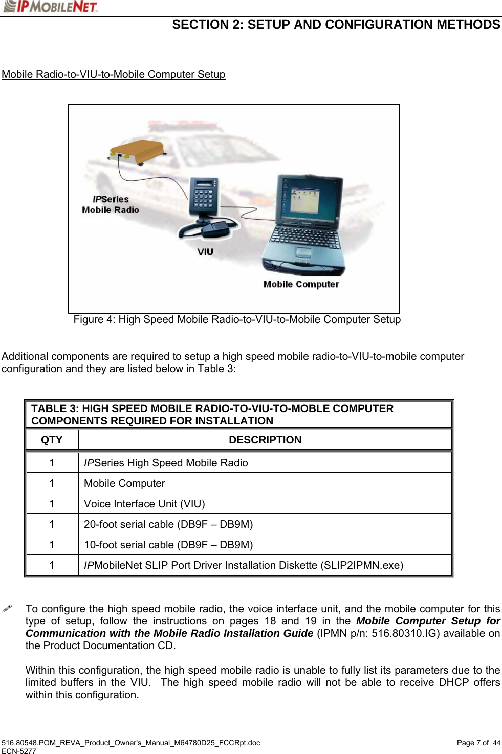  SECTION 2: SETUP AND CONFIGURATION METHODS  516.80548.POM_REVA_Product_Owner&apos;s_Manual_M64780D25_FCCRpt.doc Page 7 of  44 ECN-5277  44  Mobile Radio-to-VIU-to-Mobile Computer Setup                    Figure 4: High Speed Mobile Radio-to-VIU-to-Mobile Computer Setup   Additional components are required to setup a high speed mobile radio-to-VIU-to-mobile computer configuration and they are listed below in Table 3:   TABLE 3: HIGH SPEED MOBILE RADIO-TO-VIU-TO-MOBLE COMPUTER COMPONENTS REQUIRED FOR INSTALLATION QTY DESCRIPTION 1  IPSeries High Speed Mobile Radio 1 Mobile Computer 1  Voice Interface Unit (VIU) 1  20-foot serial cable (DB9F – DB9M) 1  10-foot serial cable (DB9F – DB9M) 1  IPMobileNet SLIP Port Driver Installation Diskette (SLIP2IPMN.exe)     To configure the high speed mobile radio, the voice interface unit, and the mobile computer for this type of setup, follow the instructions on pages 18 and 19 in the Mobile Computer Setup for Communication with the Mobile Radio Installation Guide (IPMN p/n: 516.80310.IG) available on the Product Documentation CD.  Within this configuration, the high speed mobile radio is unable to fully list its parameters due to the limited buffers in the VIU.  The high speed mobile radio will not be able to receive DHCP offers within this configuration.   