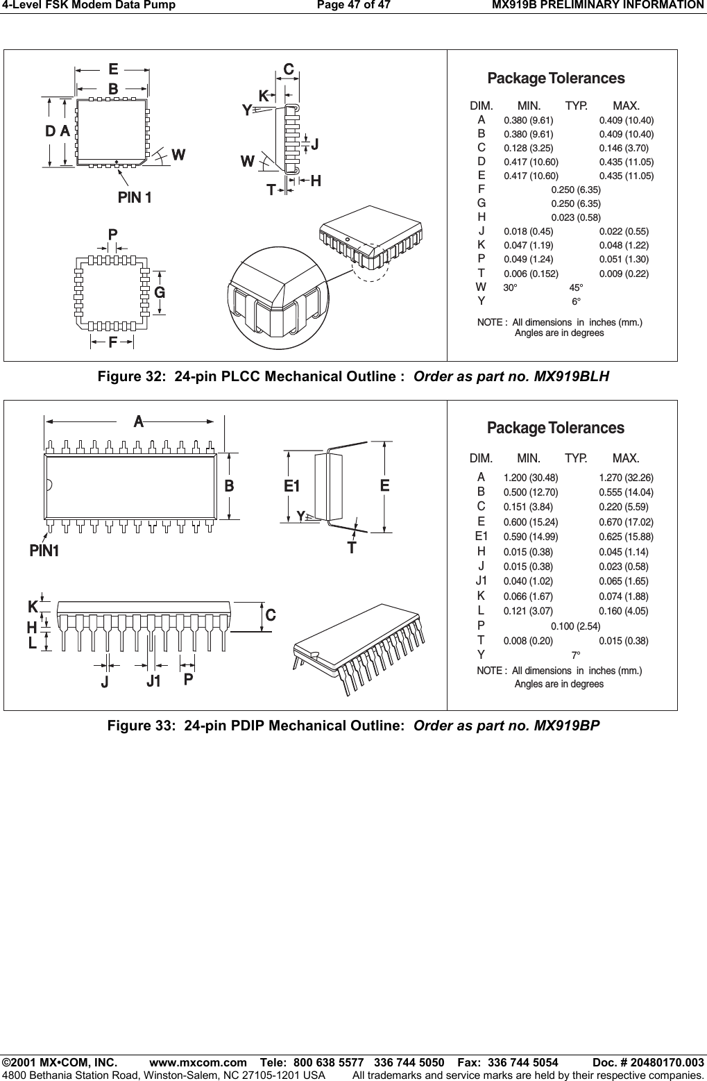 4-Level FSK Modem Data Pump  Page 47 of 47  MX919B PRELIMINARY INFORMATION   ©2001 MX•COM, INC.  www.mxcom.com    Tele:  800 638 5577   336 744 5050    Fax:  336 744 5054  Doc. # 20480170.003 4800 Bethania Station Road, Winston-Salem, NC 27105-1201 USA  All trademarks and service marks are held by their respective companies.  Package TolerancesNOTE : All dimensions  in inches (mm.)Angles are in degreesABCDEHPFGTYP. MAX.MIN.DIM.KJWTY0.435 (11.05)0.435 (11.05)0.051 (1.30)0.009 (0.22)6°30°0.409 (10.40)0.409 (10.40)0.146 (3.70)0.417 (10.60)0.417 (10.60)0.049 (1.24)0.006 (0.152)0.250 (6.35)0.250 (6.35)0.023 (0.58)0.047 (1.19)0.022 (0.55)0.018 (0.45)0.380 (9.61)0.380 (9.61)0.128 (3.25)0.048 (1.22)45°FGPADBEPIN 1WCJKYWHT Figure 32:  24-pin PLCC Mechanical Outline :  Order as part no. MX919BLH NOTE : All dimensions  in inches (mm.)Angles are in degreesPackage TolerancesABCEE1HTYP. MAX.MIN.DIM.JJ1PYTKL0.220 (5.59)0.555 (14.04)0.670 (17.02)7°0.160 (4.05)1.270 (32.26)0.151 (3.84)0.100 (2.54)0.121 (3.07)0.600 (15.24)0.590 (14.99) 0.625 (15.88)0.015 (0.38) 0.045 (1.14)0.008 (0.20) 0.015 (0.38)0.015 (0.38) 0.023 (0.58)0.040 (1.02) 0.065 (1.65)0.066 (1.67) 0.074 (1.88)1.200 (30.48)0.500 (12.70)HKLJ1JPCBAPIN1 TEE1Y Figure 33:  24-pin PDIP Mechanical Outline:  Order as part no. MX919BP 