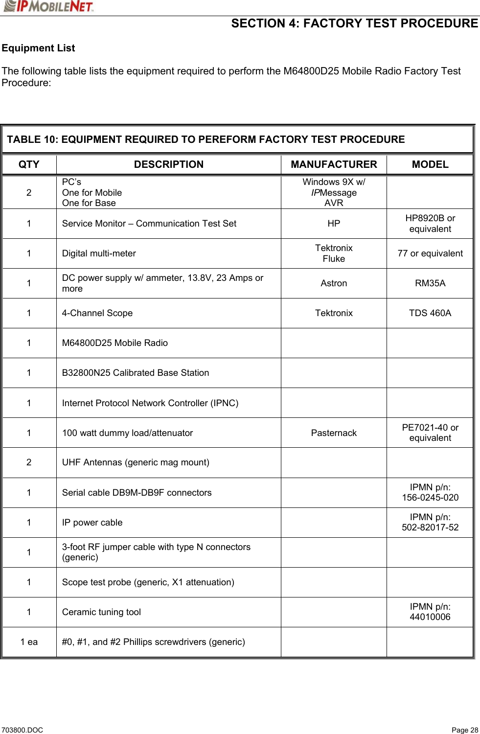  SECTION 4: FACTORY TEST PROCEDURE  703800.DOC   Page 28 Equipment List   The following table lists the equipment required to perform the M64800D25 Mobile Radio Factory Test Procedure:    TABLE 10: EQUIPMENT REQUIRED TO PEREFORM FACTORY TEST PROCEDURE QTY DESCRIPTION MANUFACTURER MODEL 2 PC’s One for Mobile One for Base Windows 9X w/  IPMessage AVR  1  Service Monitor – Communication Test Set  HP  HP8920B or equivalent 1 Digital multi-meter  Tektronix Fluke  77 or equivalent 1  DC power supply w/ ammeter, 13.8V, 23 Amps or more  Astron  RM35A   1  4-Channel Scope  Tektronix  TDS 460A 1  M64800D25 Mobile Radio     1  B32800N25 Calibrated Base Station     1  Internet Protocol Network Controller (IPNC)     1  100 watt dummy load/attenuator  Pasternack  PE7021-40 or equivalent 2  UHF Antennas (generic mag mount)     1  Serial cable DB9M-DB9F connectors    IPMN p/n:  156-0245-020 1  IP power cable    IPMN p/n: 502-82017-52 1  3-foot RF jumper cable with type N connectors (generic)    1  Scope test probe (generic, X1 attenuation)     1  Ceramic tuning tool    IPMN p/n: 44010006 1 ea  #0, #1, and #2 Phillips screwdrivers (generic)        
