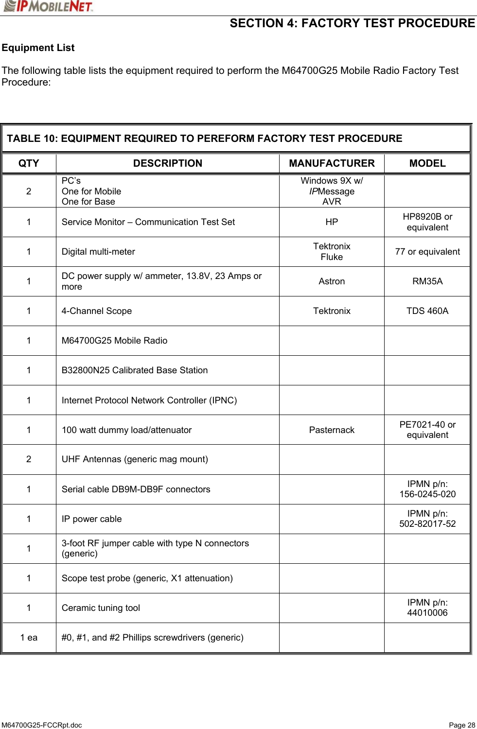  SECTION 4: FACTORY TEST PROCEDURE  M64700G25-FCCRpt.doc   Page 28 Equipment List   The following table lists the equipment required to perform the M64700G25 Mobile Radio Factory Test Procedure:    TABLE 10: EQUIPMENT REQUIRED TO PEREFORM FACTORY TEST PROCEDURE QTY DESCRIPTION MANUFACTURER MODEL 2 PC’s One for Mobile One for Base Windows 9X w/  IPMessage AVR  1  Service Monitor – Communication Test Set  HP  HP8920B or equivalent 1 Digital multi-meter  Tektronix Fluke  77 or equivalent 1  DC power supply w/ ammeter, 13.8V, 23 Amps or more  Astron  RM35A   1  4-Channel Scope  Tektronix  TDS 460A 1  M64700G25 Mobile Radio     1  B32800N25 Calibrated Base Station     1  Internet Protocol Network Controller (IPNC)     1  100 watt dummy load/attenuator  Pasternack  PE7021-40 or equivalent 2  UHF Antennas (generic mag mount)     1  Serial cable DB9M-DB9F connectors    IPMN p/n:  156-0245-020 1  IP power cable    IPMN p/n: 502-82017-52 1  3-foot RF jumper cable with type N connectors (generic)    1  Scope test probe (generic, X1 attenuation)     1  Ceramic tuning tool    IPMN p/n: 44010006 1 ea  #0, #1, and #2 Phillips screwdrivers (generic)        