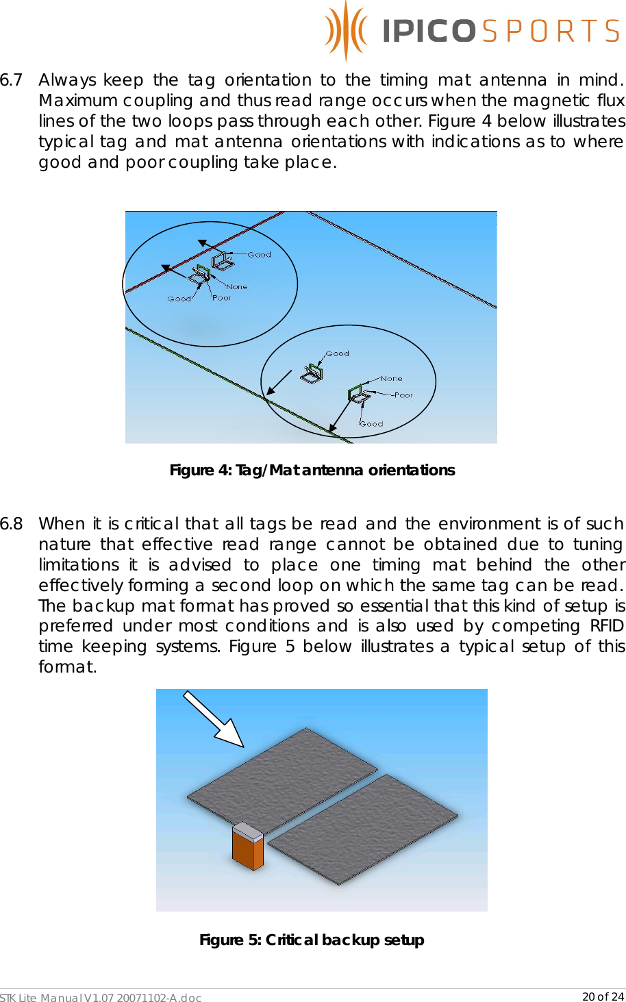      STK Lite Manual V1.07 20071102-A.doc     20 of 24 6.7  Always keep the tag orientation to the timing mat antenna in mind. Maximum coupling and thus read range occurs when the magnetic flux lines of the two loops pass through each other. Figure 4 below illustrates typical tag and mat antenna orientations with indications as to where good and poor coupling take place.   Figure 4: Tag/Mat antenna orientations  6.8  When it is critical that all tags be read and the environment is of such nature that effective read range cannot be obtained due to tuning limitations it is advised to place one timing mat behind the other effectively forming a second loop on which the same tag can be read. The backup mat format has proved so essential that this kind of setup is preferred under most conditions and is also used by competing RFID time keeping systems. Figure 5 below illustrates a typical setup of this format.             Figure 5: Critical backup setup  