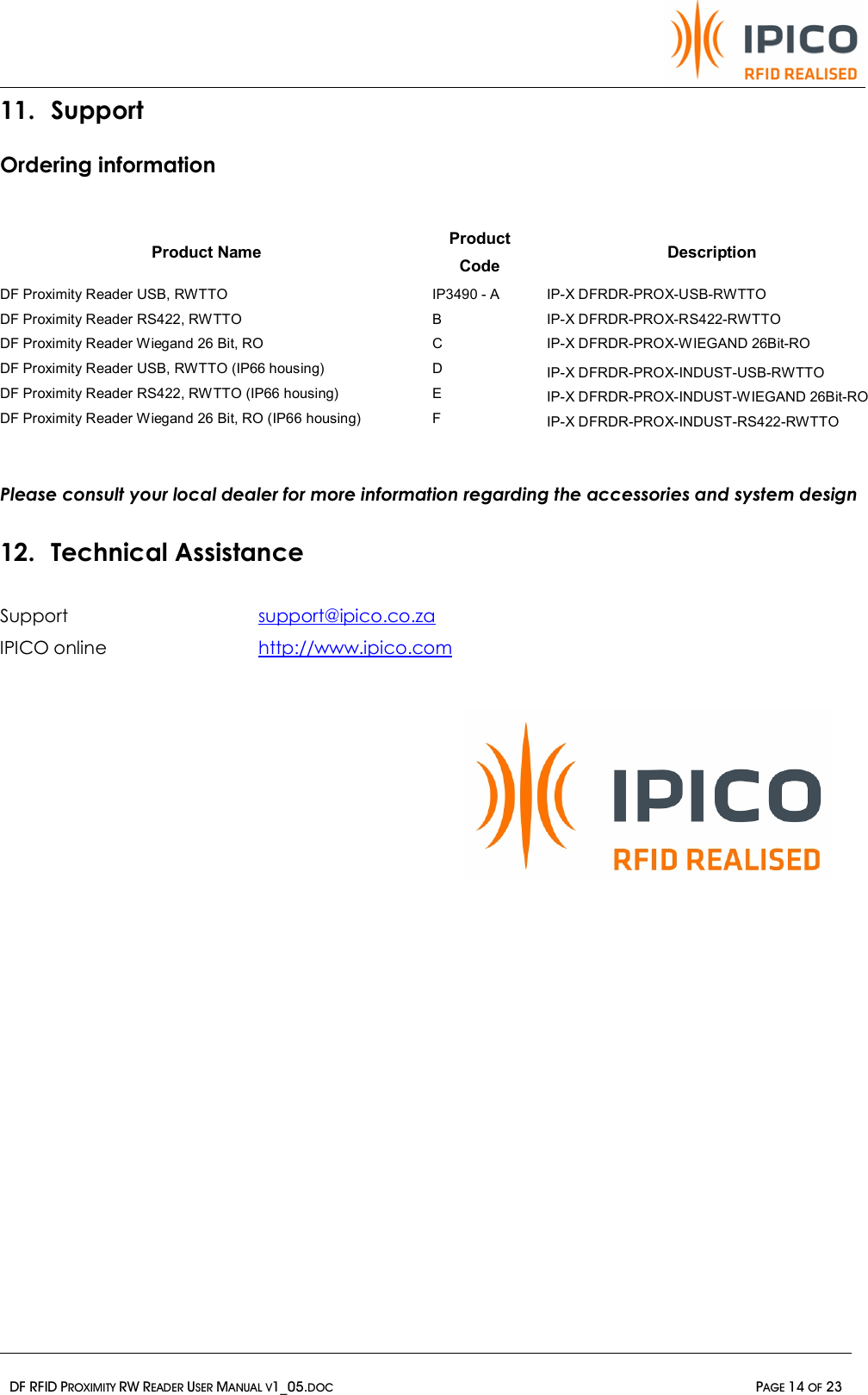   DF RFID PROXIMITY RW READER USER MANUAL V1_05.DOC  PAGE 14 OF 23  11. Support Ordering information  Product Name  Product Code  Description DF Proximity Reader USB, RWTTO  IP3490 - A  IP-X DFRDR-PROX-USB-RWTTO DF Proximity Reader RS422, RWTTO  B  IP-X DFRDR-PROX-RS422-RWTTO DF Proximity Reader Wiegand 26 Bit, RO  C  IP-X DFRDR-PROX-WIEGAND 26Bit-RO DF Proximity Reader USB, RWTTO (IP66 housing)  D  IP-X DFRDR-PROX-INDUST-USB-RWTTO DF Proximity Reader RS422, RWTTO (IP66 housing)  E  IP-X DFRDR-PROX-INDUST-WIEGAND 26Bit-RO DF Proximity Reader Wiegand 26 Bit, RO (IP66 housing)  F  IP-X DFRDR-PROX-INDUST-RS422-RWTTO  Please consult your local dealer for more information regarding the accessories and system design 12. Technical Assistance Support   support@ipico.co.za IPICO online   http://www.ipico.com      