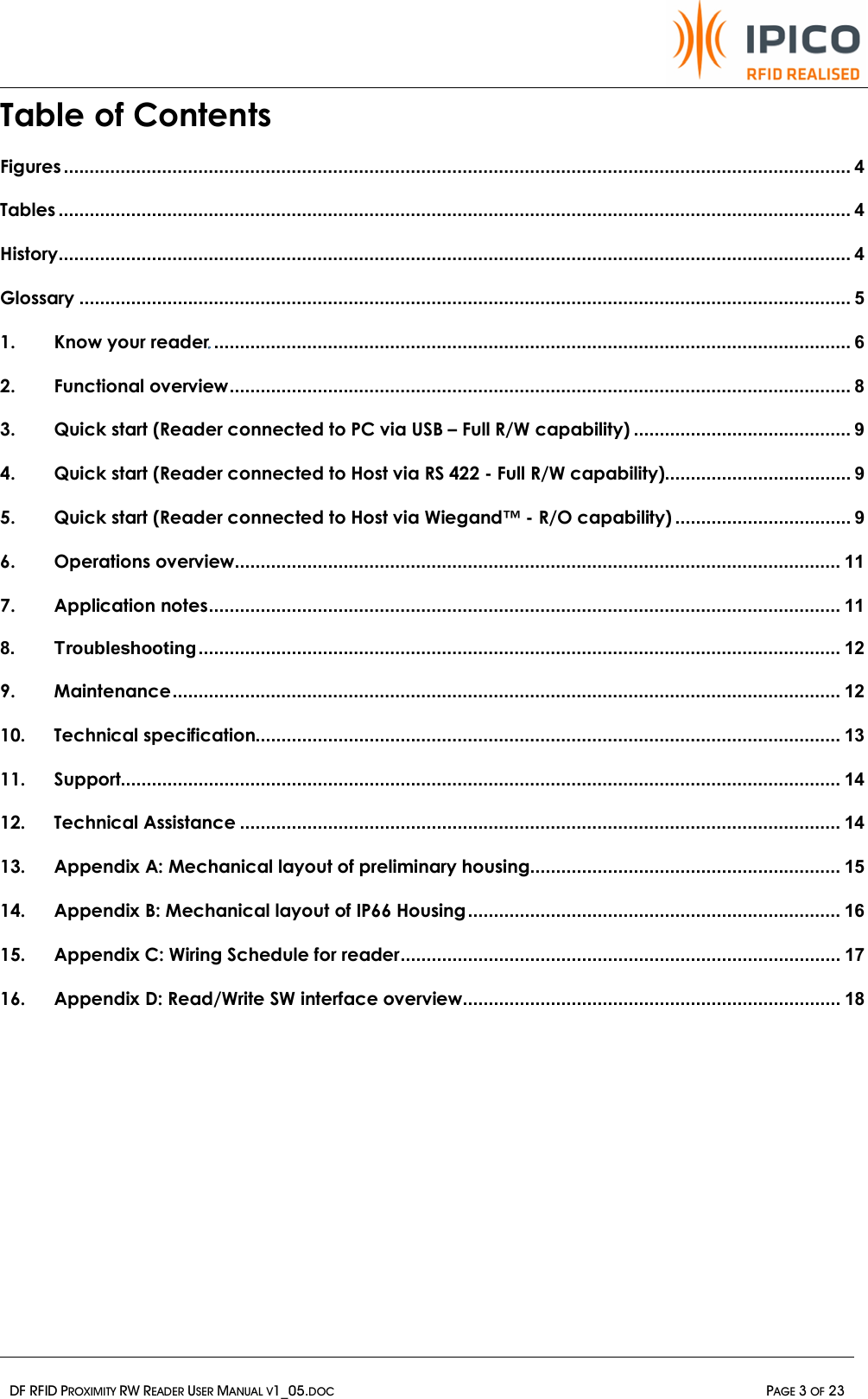   DF RFID PROXIMITY RW READER USER MANUAL V1_05.DOC  PAGE 3 OF 23  Table of Contents Figures ........................................................................................................................................................4 Tables .........................................................................................................................................................4 History.........................................................................................................................................................4 Glossary .....................................................................................................................................................5 1. Know your reader ...........................................................................................................................6 2. Functional overview........................................................................................................................8 3. Quick start (Reader connected to PC via USB – Full R/W capability) ..........................................9 4. Quick start (Reader connected to Host via RS 422 - Full R/W capability)....................................9 5. Quick start (Reader connected to Host via Wiegand™ - R/O capability) ..................................9 6. Operations overview.....................................................................................................................11 7. Application notes..........................................................................................................................11 8. Troubleshooting............................................................................................................................12 9. Maintenance.................................................................................................................................12 10. Technical specification.................................................................................................................13 11. Support...........................................................................................................................................14 12. Technical Assistance ....................................................................................................................14 13. Appendix A: Mechanical layout of preliminary housing............................................................15 14. Appendix B: Mechanical layout of IP66 Housing........................................................................16 15. Appendix C: Wiring Schedule for reader.....................................................................................17 16. Appendix D: Read/Write SW interface overview.........................................................................18 