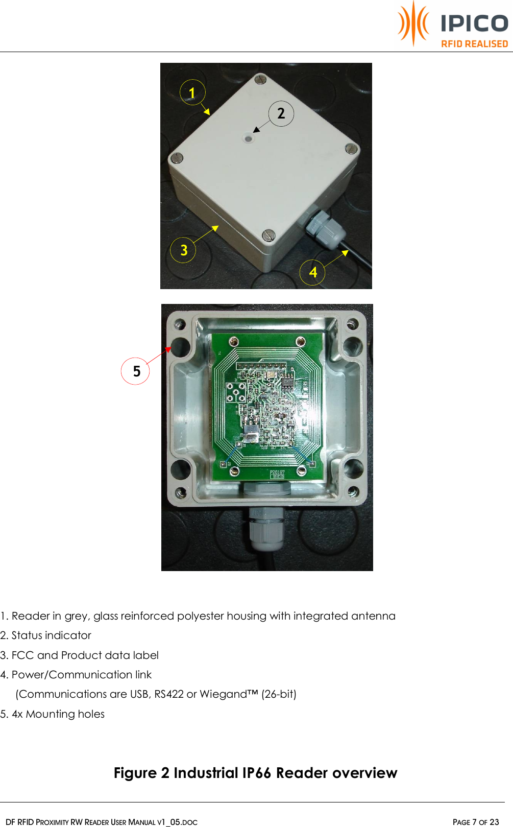   DF RFID PROXIMITY RW READER USER MANUAL V1_05.DOC  PAGE 7 OF 23                                    1. Reader in grey, glass reinforced polyester housing with integrated antenna  2. Status indicator  3. FCC and Product data label 4. Power/Communication link      (Communications are USB, RS422 or Wiegand™ (26-bit)  5. 4x Mounting holes   Figure 2 Industrial IP66 Reader overview 2 3 1 4 5 