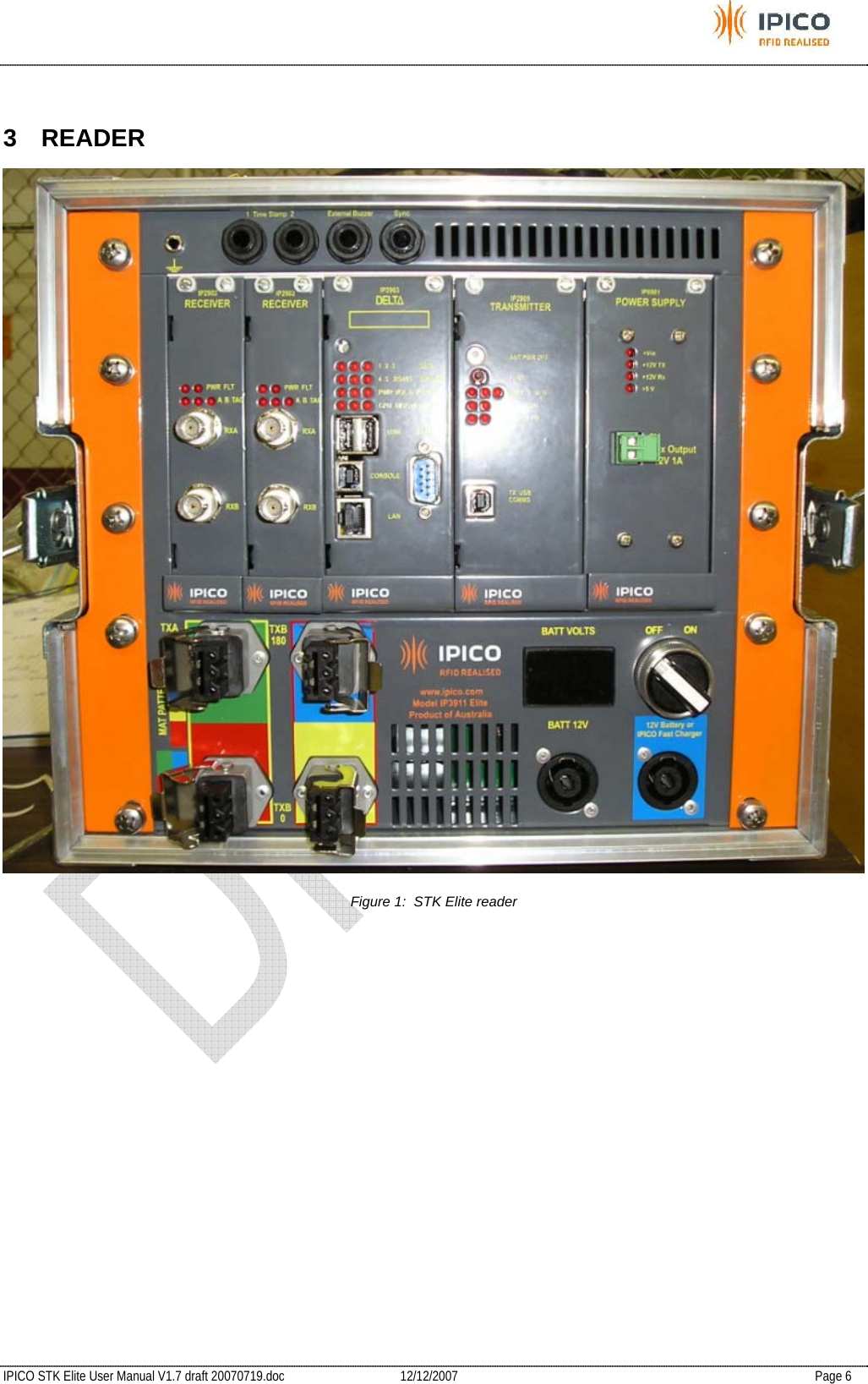           IPICO STK Elite User Manual V1.7 draft 20070719.doc   12/12/2007   Page 6  3 READER  Figure 1:  STK Elite reader 