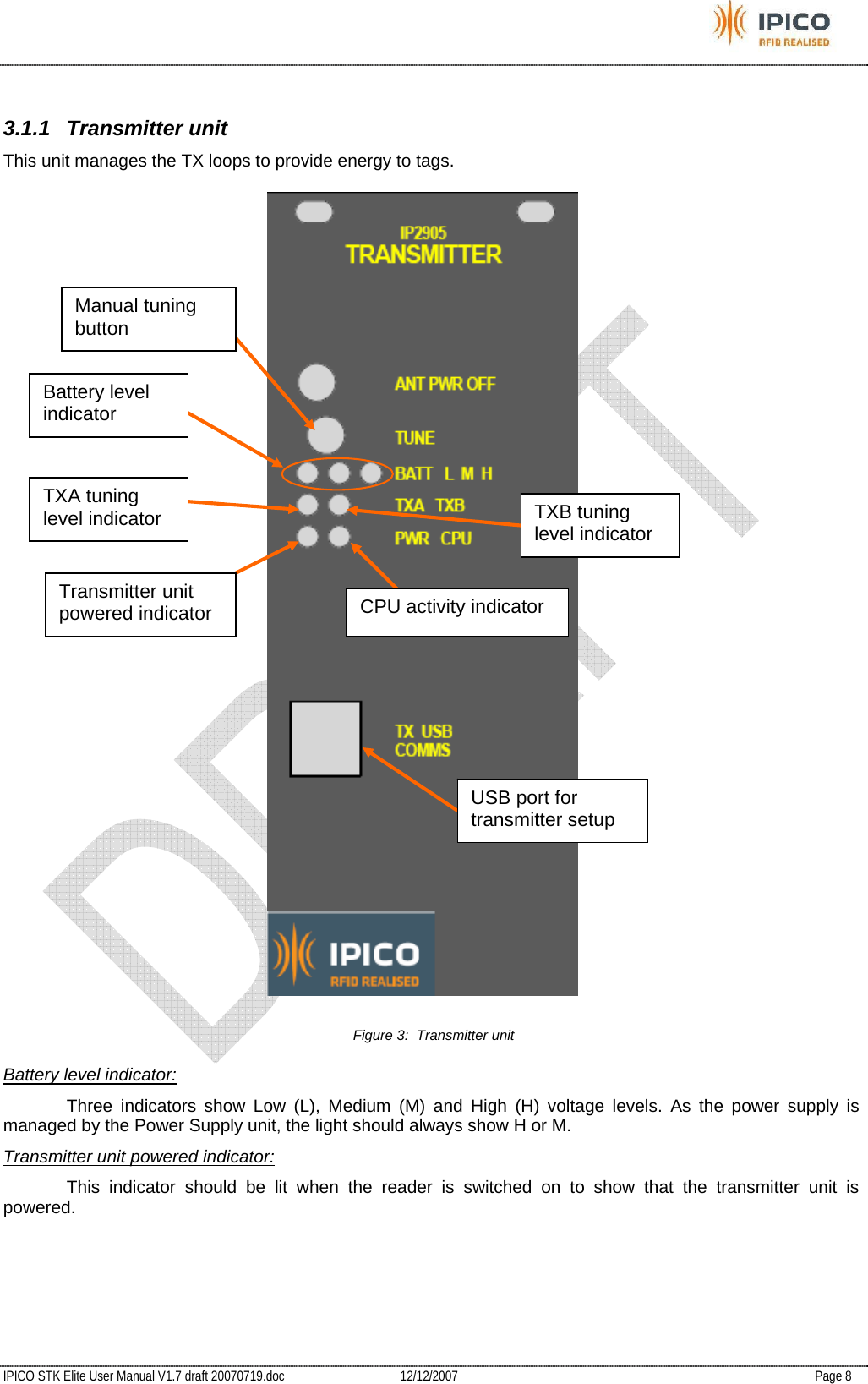           IPICO STK Elite User Manual V1.7 draft 20070719.doc   12/12/2007   Page 8  3.1.1 Transmitter unit This unit manages the TX loops to provide energy to tags.  Figure 3:  Transmitter unit Battery level indicator: Three indicators show Low (L), Medium (M) and High (H) voltage levels. As the power supply is managed by the Power Supply unit, the light should always show H or M. Transmitter unit powered indicator:   This indicator should be lit when the reader is switched on to show that the transmitter unit is powered.    USB port for transmitter setup  Manual tuning button Battery level indicator TXA tuning level indicator  TXB tuning level indicator Transmitter unit powered indicator  CPU activity indicator 