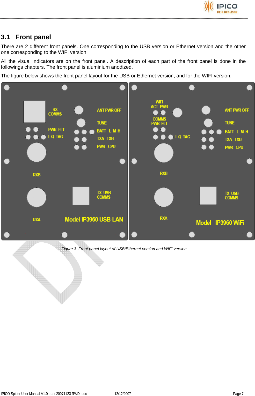           IPICO Spider User Manual V1.0 draft 20071123 RWD .doc   12/12/2007   Page 7  3.1 Front panel There are 2 different front panels. One corresponding to the USB version or Ethernet version and the other one corresponding to the WIFI version All the visual indicators are on the front panel. A description of each part of the front panel is done in the followings chapters. The front panel is aluminium anodized.  The figure below shows the front panel layout for the USB or Ethernet version, and for the WIFI version.   Figure 3: Front panel layout of USB/Ethernet version and WIFI version 