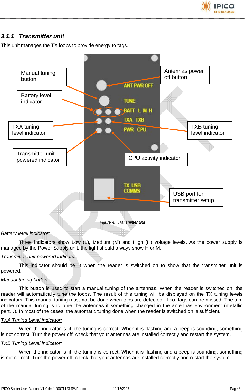           IPICO Spider User Manual V1.0 draft 20071123 RWD .doc   12/12/2007   Page 8  3.1.1 Transmitter unit This unit manages the TX loops to provide energy to tags.  Figure 4:  Transmitter unit Battery level indicator: Three indicators show Low (L), Medium (M) and High (H) voltage levels. As the power supply is managed by the Power Supply unit, the light should always show H or M. Transmitter unit powered indicator:   This indicator should be lit when the reader is switched on to show that the transmitter unit is powered. Manual tuning button:   This button is used to start a manual tuning of the antennas. When the reader is switched on, the reader will automatically tune the loops. The result of this tuning will be displayed on the TX tuning levels indicators. This manual tuning must not be done when tags are detected. If so, tags can be missed. The aim of the manual tuning is to tune the antennas if something changed in the antennas environment (metallic part…). In most of the cases, the automatic tuning done when the reader is switched on is sufficient.  TXA Tuning Level indicator:   When the indicator is lit, the tuning is correct. When it is flashing and a beep is sounding, something is not correct. Turn the power off, check that your antennas are installed correctly and restart the system. TXB Tuning Level indicator:   When the indicator is lit, the tuning is correct. When it is flashing and a beep is sounding, something is not correct. Turn the power off, check that your antennas are installed correctly and restart the system.   USB port for transmitter setup  Manual tuning button Battery level indicator TXA tuning level indicator  TXB tuning level indicator Transmitter unit powered indicator  CPU activity indicator Antennas power off button 