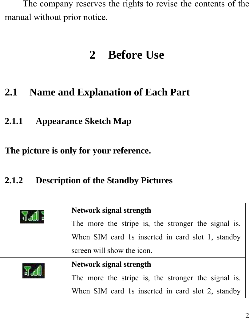   2 The company reserves the rights to revise the contents of the manual without prior notice.   2 Before Use 2.1 Name and Explanation of Each Part 2.1.1 Appearance Sketch Map   The picture is only for your reference. 2.1.2 Description of the Standby Pictures  Network signal strength The more the stripe is, the stronger the signal is. When SIM card 1s inserted in card slot 1, standby screen will show the icon.  Network signal strength The more the stripe is, the stronger the signal is. When SIM card 1s inserted in card slot 2, standby 