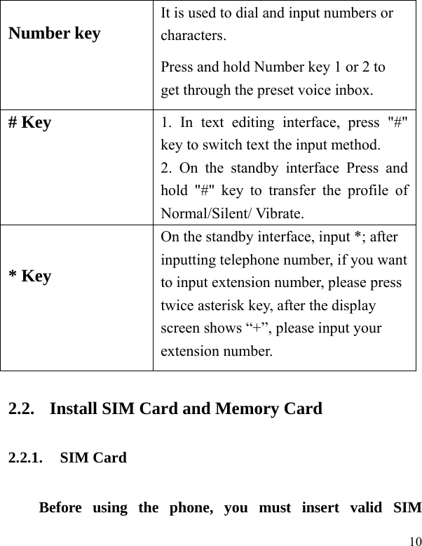  10 Number key  It is used to dial and input numbers or characters.   Press and hold Number key 1 or 2 to get through the preset voice inbox. # Key  1. In text editing interface, press &quot;#&quot; key to switch text the input method. 2. On the standby interface Press and hold &quot;#&quot; key to transfer the profile of Normal/Silent/ Vibrate. * Key  On the standby interface, input *; after inputting telephone number, if you want to input extension number, please press twice asterisk key, after the display screen shows “+”, please input your extension number. 2.2. Install SIM Card and Memory Card 2.2.1. SIM Card Before using the phone, you must insert valid SIM 