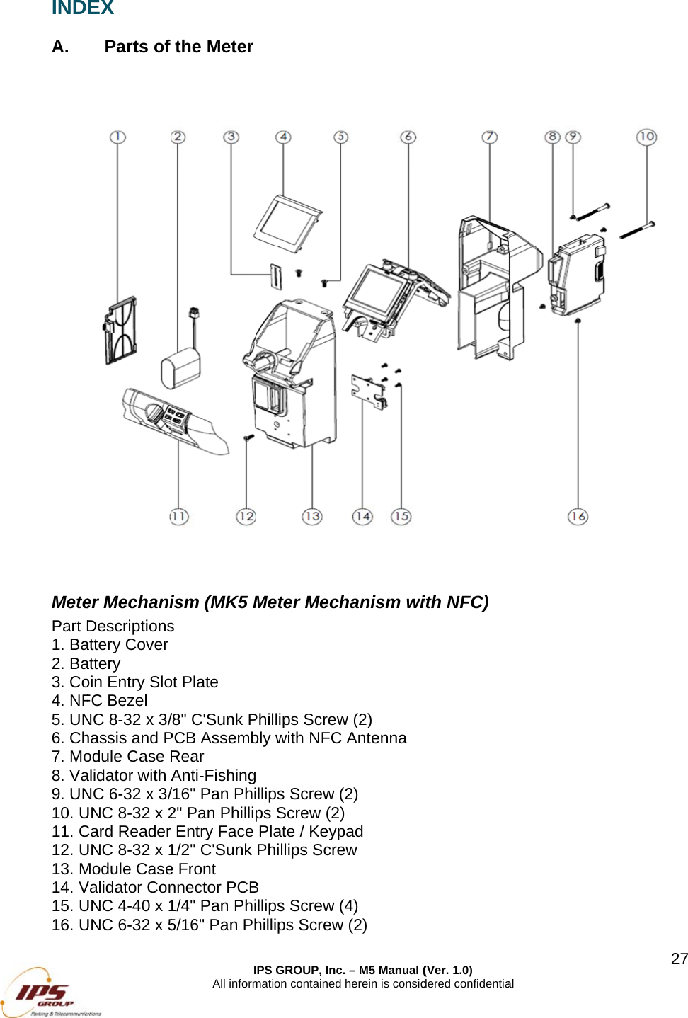 INDA. MetePart D1. Ba2. Ba3. Co4. NF5. UN6. Ch7. Mo8. Va9. UN10. U11. C12. U13. M14. V15. U16. UEX Parts of er MechaniDescriptionsattery Cover attery oin Entry SloFC Bezel NC 8-32 x 3/hassis and Podule Case Ralidator with ANC 6-32 x 3/UNC 8-32 x 2Card Reader UNC 8-32 x 1Module CaseValidator ConUNC 4-40 x 1UNC 6-32 x 5IAll informthe Meter ism (MK5 Ms ot Plate /8" C'Sunk PPCB AssembRear Anti-Fishing/16" Pan Phi2" Pan PhillipEntry Face 1/2" C'Sunk e Front nnector PCB1/4" Pan Phi5/16" Pan PhIPS GROUP, Incmation containedMeter MechPhillips Screwbly with NFC illips Screw (ps Screw (2Plate / KeypPhillips ScreB illips Screw (hillips Screw c. &ndash; M5 Manual (d herein is consid hanism wiw (2) C Antenna (2) ) pad ew (4) w (2) (Ver. 1.0) dered confidentiaith NFC) al 227