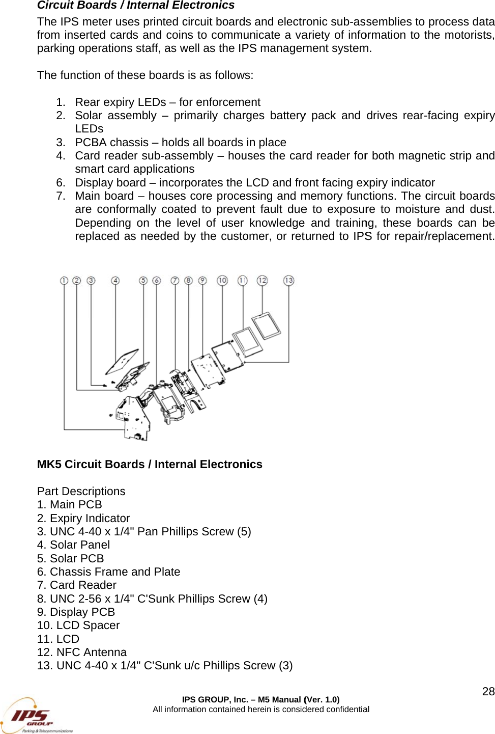 CircuThe Ifrom parki The f 123467MK5  Part D1. Ma2. Ex3. UN4. So5. So6. Ch7. Ca8. UN9. Dis10. L11. L12. N13. Uuit Boards /PS meter usinserted carng operationfunction of th. Rear expi. Solar assLEDs . PCBA cha. Card readsmart car. Display b. Main boaare confoDependinreplaced Circuit BoaDescriptionsain PCB xpiry IndicatoNC 4-40 x 1/olar Panel olar PCB hassis Frameard Reader NC 2-56 x 1/splay PCB CD Spacer CD NFC AntennaUNC 4-40 x 1IAll inform/ Internal Eleses printed crds and coinns staff, as whese boardsiry LEDs &ndash; fosembly &ndash; prassis &ndash; holdder sub-asserd applicationoard &ndash; incorrd &ndash; housesormally coatng on the leas needed ards / Interns or /4" Pan Phille and Plate /4" C'Sunk Pa 1/4" C'Sunk IPS GROUP, Incmation containedectronics circuit boardns to commuwell as the IPs is as followor enforcemrimarily chars all boards embly &ndash; houns rporates the s core proceed to preveevel of user by the custonal Electronips Screw (5Phillips Screwu/c Phillips S c. &ndash; M5 Manual (d herein is consid ds and electrunicate a vaPS managemws: ent rges batteryin place uses the carLCD and froessing and ment fault dueknowledge omer, or retnics 5) w (4) Screw (3) (Ver. 1.0) dered confidentiaronic sub-asariety of infoment systemy pack and rd reader foront facing exmemory funce to exposur and traininurned to IPS                al semblies to ormation to tm. drives rear-r both magnxpiry indicatoctions. The cre to moistung, these boS for repair/2process datthe motorists-facing expirnetic strip anor circuit boardure and dusoards can b/replacemen28ta s, ry nd ds st.  be nt. 