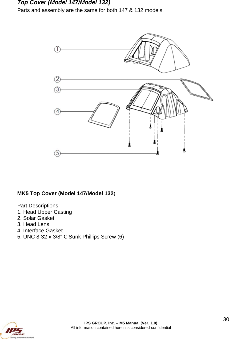 Top CovParts and MK5 Top Part Des1. Head 2. Solar G3. Head 4. Interfa5. UNC 8ver (Modeld assembly p Cover (Mocriptions Upper CastiGasket Lens ace Gasket 8-32 x 3/8" CIPS GAll informationl 147/Modeare the samodel 147/Mong C'Sunk PhilliGROUP, Inc. &ndash; Mn contained hereel 132) me for both 14odel 132) ps Screw (6M5 Manual (Ver. ein is considered 47 &amp; 132 mo) 1.0) confidential odels. 30 