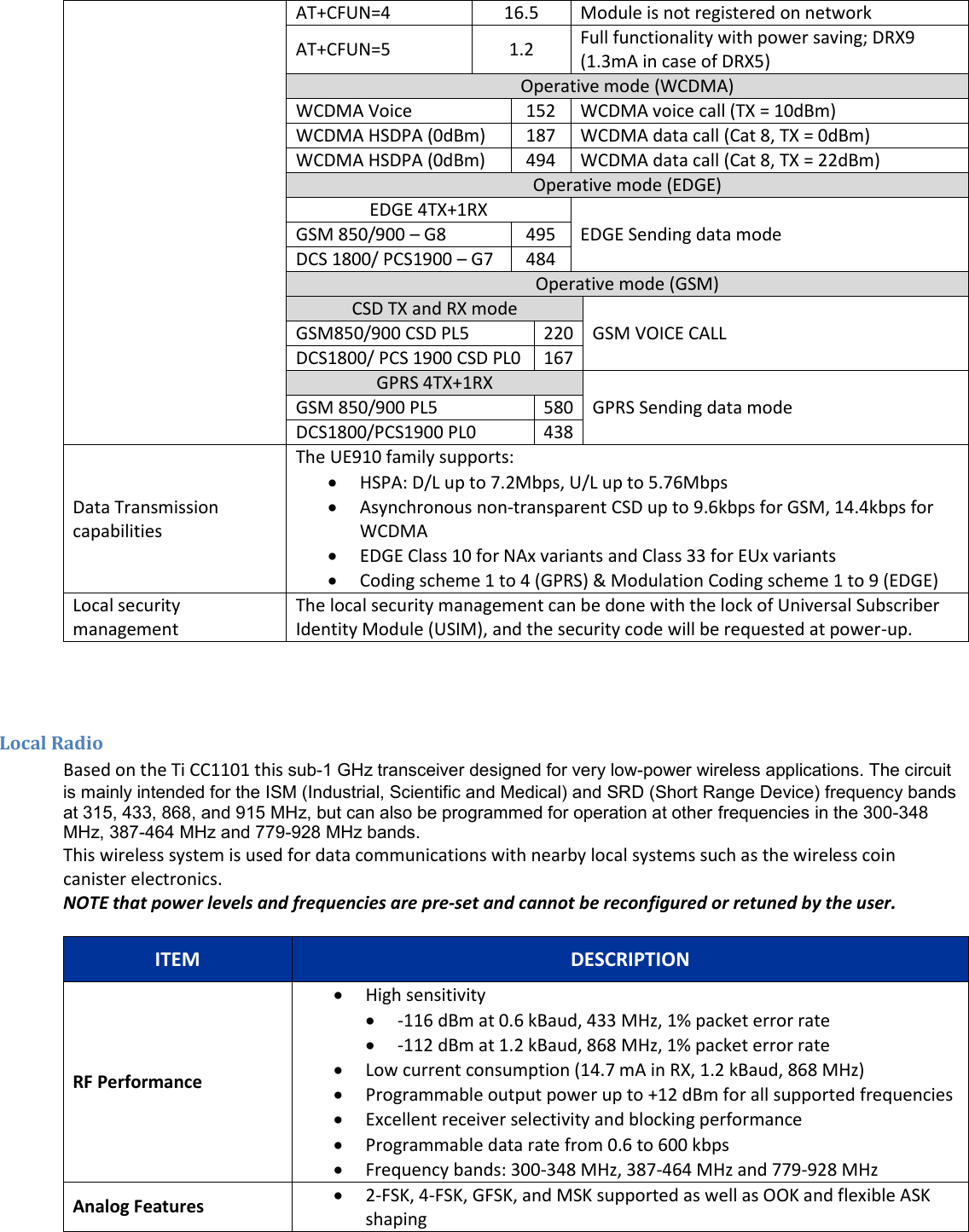  AT+CFUN=4 16.5 Module is not registered on network AT+CFUN=5 1.2 Full functionality with power saving; DRX9 (1.3mA in case of DRX5) Operative mode (WCDMA) WCDMA Voice 152 WCDMA voice call (TX = 10dBm) WCDMA HSDPA (0dBm) 187 WCDMA data call (Cat 8, TX = 0dBm) WCDMA HSDPA (0dBm) 494 WCDMA data call (Cat 8, TX = 22dBm) Operative mode (EDGE) EDGE 4TX+1RX EDGE Sending data mode GSM 850/900 &ndash; G8 495 DCS 1800/ PCS1900 &ndash; G7 484 Operative mode (GSM) CSD TX and RX mode GSM VOICE CALL GSM850/900 CSD PL5 220 DCS1800/ PCS 1900 CSD PL0 167 GPRS 4TX+1RX GPRS Sending data mode GSM 850/900 PL5 580 DCS1800/PCS1900 PL0 438 Data Transmission capabilities The UE910 family supports:   HSPA: D/L up to 7.2Mbps, U/L up to 5.76Mbps   Asynchronous non-transparent CSD up to 9.6kbps for GSM, 14.4kbps for WCDMA   EDGE Class 10 for NAx variants and Class 33 for EUx variants   Coding scheme 1 to 4 (GPRS) &amp; Modulation Coding scheme 1 to 9 (EDGE)  Local security management The local security management can be done with the lock of Universal Subscriber Identity Module (USIM), and the security code will be requested at power-up.    Local Radio Based on the Ti CC1101 this sub-1 GHz transceiver designed for very low-power wireless applications. The circuit is mainly intended for the ISM (Industrial, Scientific and Medical) and SRD (Short Range Device) frequency bands at 315, 433, 868, and 915 MHz, but can also be programmed for operation at other frequencies in the 300-348 MHz, 387-464 MHz and 779-928 MHz bands. This wireless system is used for data communications with nearby local systems such as the wireless coin canister electronics. NOTE that power levels and frequencies are pre-set and cannot be reconfigured or retuned by the user. ITEM DESCRIPTION RF Performance  High sensitivity  -116 dBm at 0.6 kBaud, 433 MHz, 1% packet error rate  -112 dBm at 1.2 kBaud, 868 MHz, 1% packet error rate  Low current consumption (14.7 mA in RX, 1.2 kBaud, 868 MHz)  Programmable output power up to +12 dBm for all supported frequencies  Excellent receiver selectivity and blocking performance  Programmable data rate from 0.6 to 600 kbps  Frequency bands: 300-348 MHz, 387-464 MHz and 779-928 MHz Analog Features  2-FSK, 4-FSK, GFSK, and MSK supported as well as OOK and flexible ASK shaping 