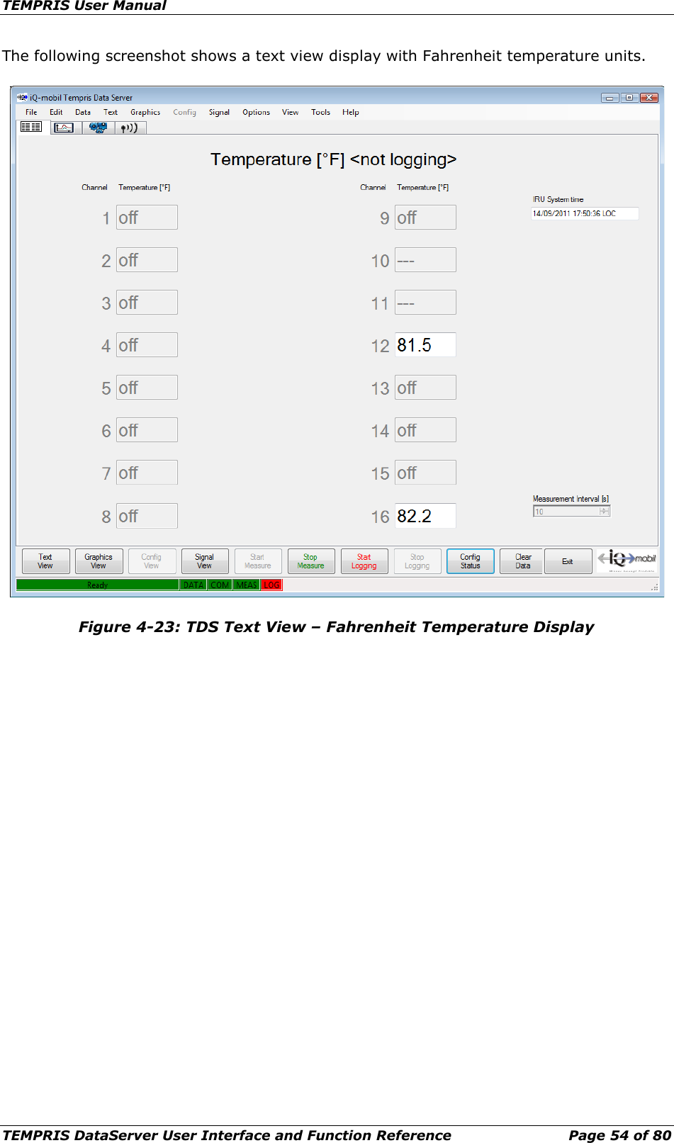 TEMPRIS User Manual TEMPRIS DataServer User Interface and Function Reference Page 54 of 80 The following screenshot shows a text view display with Fahrenheit temperature units.  Figure 4-23: TDS Text View – Fahrenheit Temperature Display     