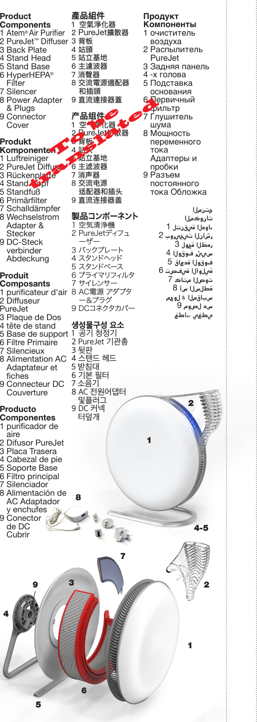 Product  Components 1 Atem® Air Purier 2 PureJet™ Diffuser 3 Back Plate4 Stand Head5 Stand Base6 HyperHEPA®     Filter 7 Silencer 8 Power Adapter    &amp; Plugs9 Connector     Cover    ProduktKomponenten1 Luftreiniger2 PureJet Diffusor3 Rückenplatte4 Stand Kopf5 Standfuß6 Primärlter7 Schalldämpfer8 Wechselstrom   Adapter &amp;     Stecker9 DC-Steck    verbinder   Abdeckung ProduitComposants1 puricateur d&apos;air2 Diffuseur PureJet3 Plaque de Dos4 tête de stand5 Base de support6 Filtre Primaire7 Silencieux8 Alimentation AC   Adaptateur et     ches9 Connecteur DC   CouvertureProductoComponentes1 puricador de     aire2 Difusor PureJet3 Placa Trasera4 Cabezal de pie5 Soporte Base6 Filtro principal7 Silenciador8 Alimentación de     AC Adaptador     y enchufes9 Conector     de DC   Cubrir產品組件 1  空氣淨化器2 PureJet擴散器3 背板4 站頭5 站立基地6 主濾波器7 消聲器8 交流電源適配器    和插頭9 直流連接器蓋 产品组件 1  空气净化器2 PureJet扩散器3 背板4 站头5 站立基地6 主滤波器7 消声器8 交流电源适配器和插头9 直流连接器盖製品コンポ ー ネント1 空気清浄機2 PureJetディフュ    ーザー3  バックプレート4  スタンドヘッド5  スタンドベ ース6  プ ライマリフィル タ7 サイレンサー8 AC電源 アダプタ   ー＆プラグ9 DCコネクタカバー생성물구성 요소 1  공기 청정기2 PureJet 기관총3 뒷판4 스탠드 헤드5 받침대6 기본 필터7 소음기8 AC 전원어댑터     및플러그9 DC 커넥   터덮개ПродуктКомпоненты 1 очиститель     воздуха2 Распылитель     PureJet3 Задняя панель4 -х голова5 Подставка     основания6 Первичный     фильтр7 Глушитель     шума8 Мощность     переменного     тока   Адаптеры и     пробки9 Разъем     постоянного     тока Обложкаالمنتجالمكونات1 لتنقية الهواء2 بوريجيت الناشر3 لوحة الظهر4 الوقوف رئيس 5 قاعدة الوقوف 6 تصفية الأولية7 كاتم الصوت8 أس السلطة محول &amp; المقابس9 موصل دس غطاء، يغطي11229 34-545768To be translated