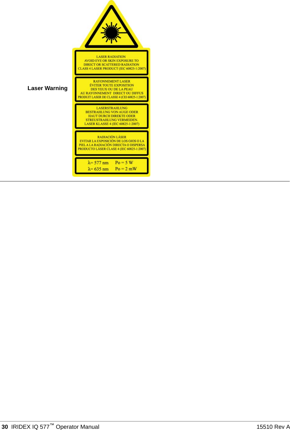  30 IRIDEX IQ 577&trade;Operator Manual 15510 Rev ALaser Warning